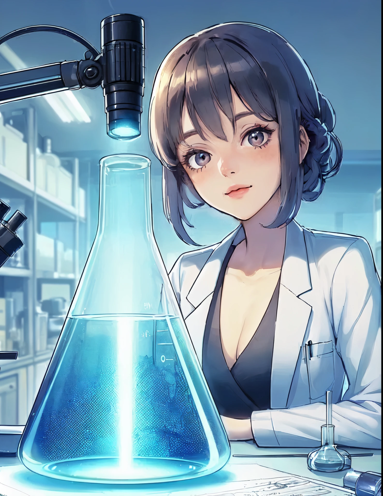 1lady solo, sitting (gazing at beaker), (holding compact flashlight) illuminating inside of beaker, scientist, (white lab coat) stylish outfit, mature female, /(black hair/) bangs, (light smile:0.8) (eye filed with concentration), (masterpiece best quality:1.2) delicate illustration ultra-detailed, medium breasts BREAK ((beaker containing turbid solution:1.2) on desk), ((thick line of light:1.1) in beaker), (floating dust), (Tyndall effect) BREAK (modern laboratory filled with equipment) indoors, detailed background