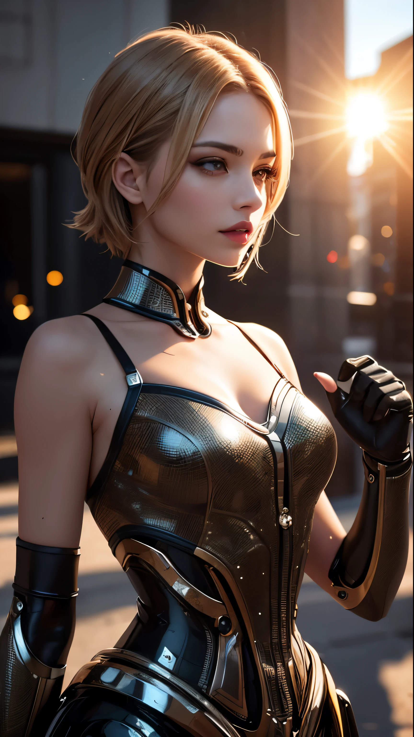 (skindentation:1.5), realistic, realistic, (masterpiece:1.5), concept art, intricate detail, highly detailed, realistic, octane rendering, 8k, unreal engine, dynamic pose, best quality, high resolution, (realistic face:1.1), (hyperrealism:1.1), ((full_body)), perfect eyes, (shiny skin: 1.2), (((hairstyle))), (((perfect hand)) ), (Very detailed background), ((Dynamic background) ), ((Sun)), (Light), ((1girl)), Handsome, Robot (((Shiny mechanical shape))), ((Detailed eyes, High quality eyes, High quality face)), (Extremely complex dress), Short blonde hair, sun, sunlight, ((dramatic)), Epic, Depth of field, Bokeh, 4k, Gothic, Ash, Particle