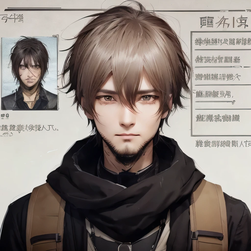 create an open identity passport in a dystopian apocalyptic era using Chinese languages of a beautiful short dark hair anime style 40 years old man with bears and black and brown dystopian survivor clothes, he has brown eyes.