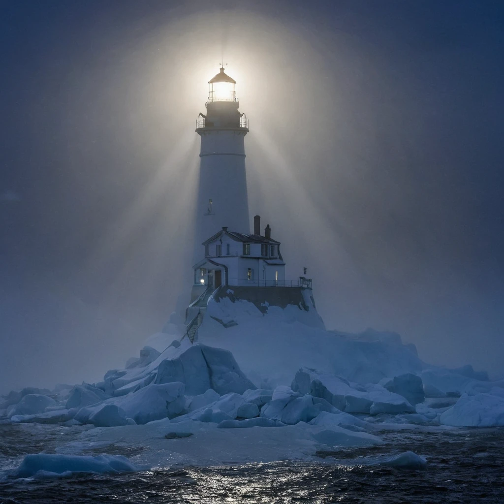 High Resolution, High Quality, Masterpiece. Heavy fog . Night. The expanding bright beam of the searchlight from the lighthouse highlighted an iceberg floating in the dark in the thick fog. The 35awards photopreeze. 32k