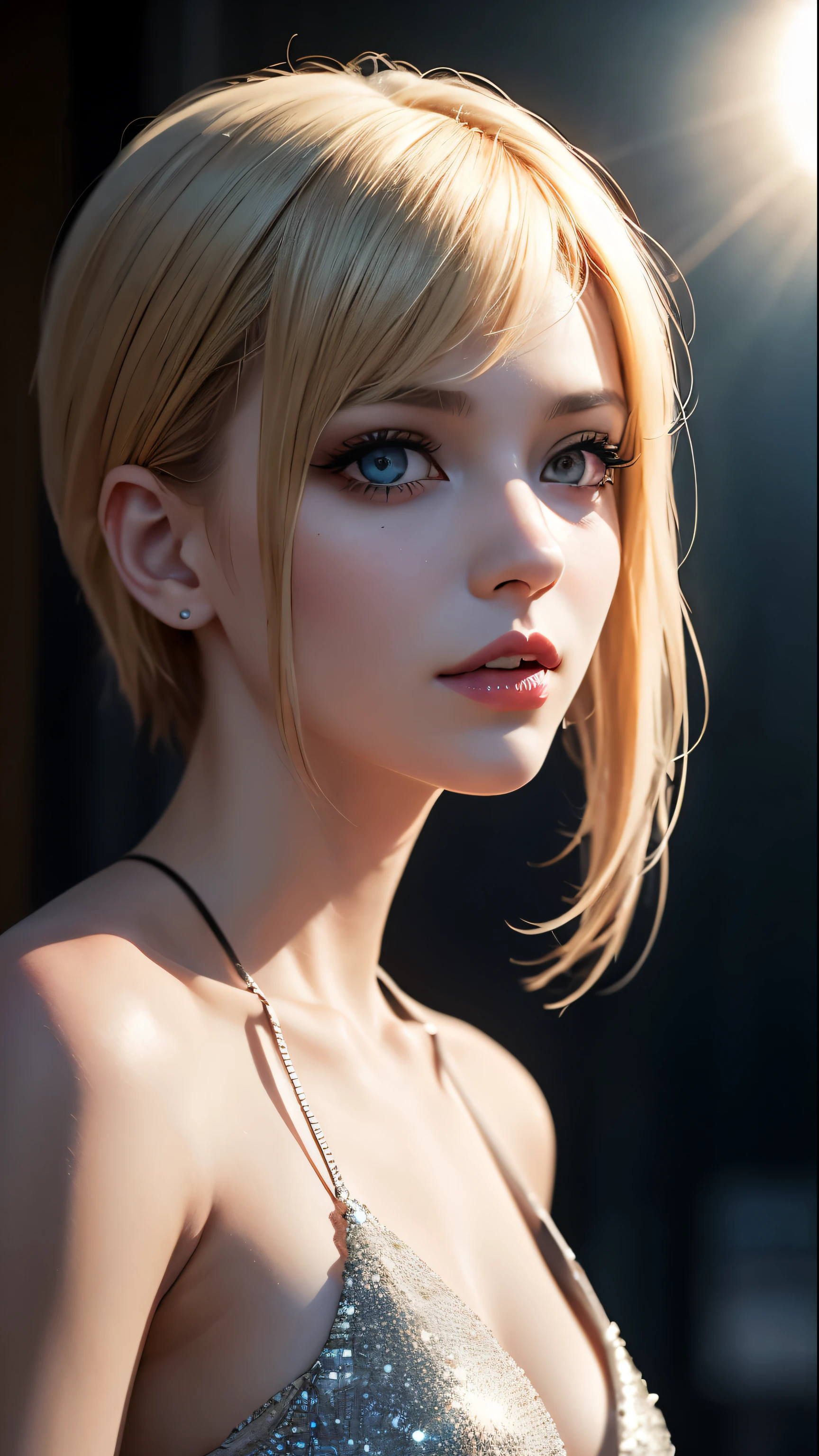 (skin dents:1.5), realistic, realistic, (masterpiece:1.5), concept art, intricate details, very detailed, realistic, octane rendering, 8k, unreal engine, dynamic pose, highest quality, High resolution, (realistic face:1.1), (hyper realism:1.1), ((full_body)), perfect eyes, (shiny skin: 1.2), (((hairstyle))), (((perfect hands)) ), (very detailed背景), ((dynamic background) ), ((sun)), (light), ((1 girl)), good looking, robot (((Shiny mechanical shape))), ((fine eyes, high quality eyes, high quality face)), (very complicated dress), short blonde hair, sun, sunlight, ((dramatic)), wonderful, written boundary depth, Bokeh, 4k, gothic, Ash, particle