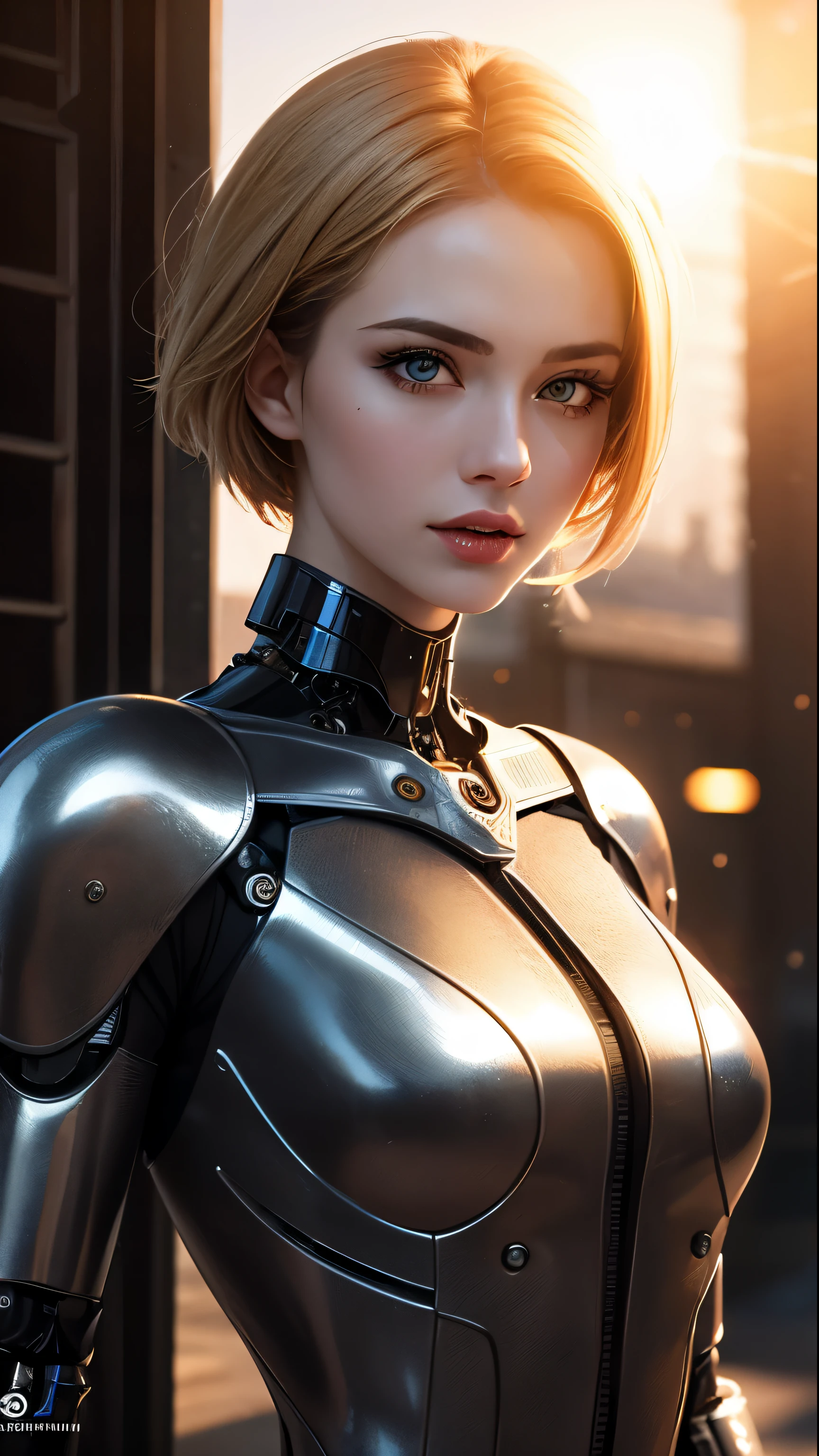 (skin dents:1.5), realistic, realistic, (masterpiece:1.5), concept art, intricate details, very detailed, realistic, octane rendering, 8k, unreal engine, dynamic pose, highest quality, High resolution, (realistic face:1.1), (hyper realism:1.1), ((full_body)), perfect eyes, (shiny skin: 1.2), (((hairstyle))), (((perfect hands)) ), (very detailed背景), ((dynamic background) ), ((sun)), (light), ((1 girl)), good looking, robot (((Shiny mechanical shape))), ((fine eyes, high quality eyes, high quality face)), (very complicated dress), short blonde hair, sun, sunlight, ((dramatic)), wonderful, written boundary depth, Bokeh, 4k, gothic, Ash, particle