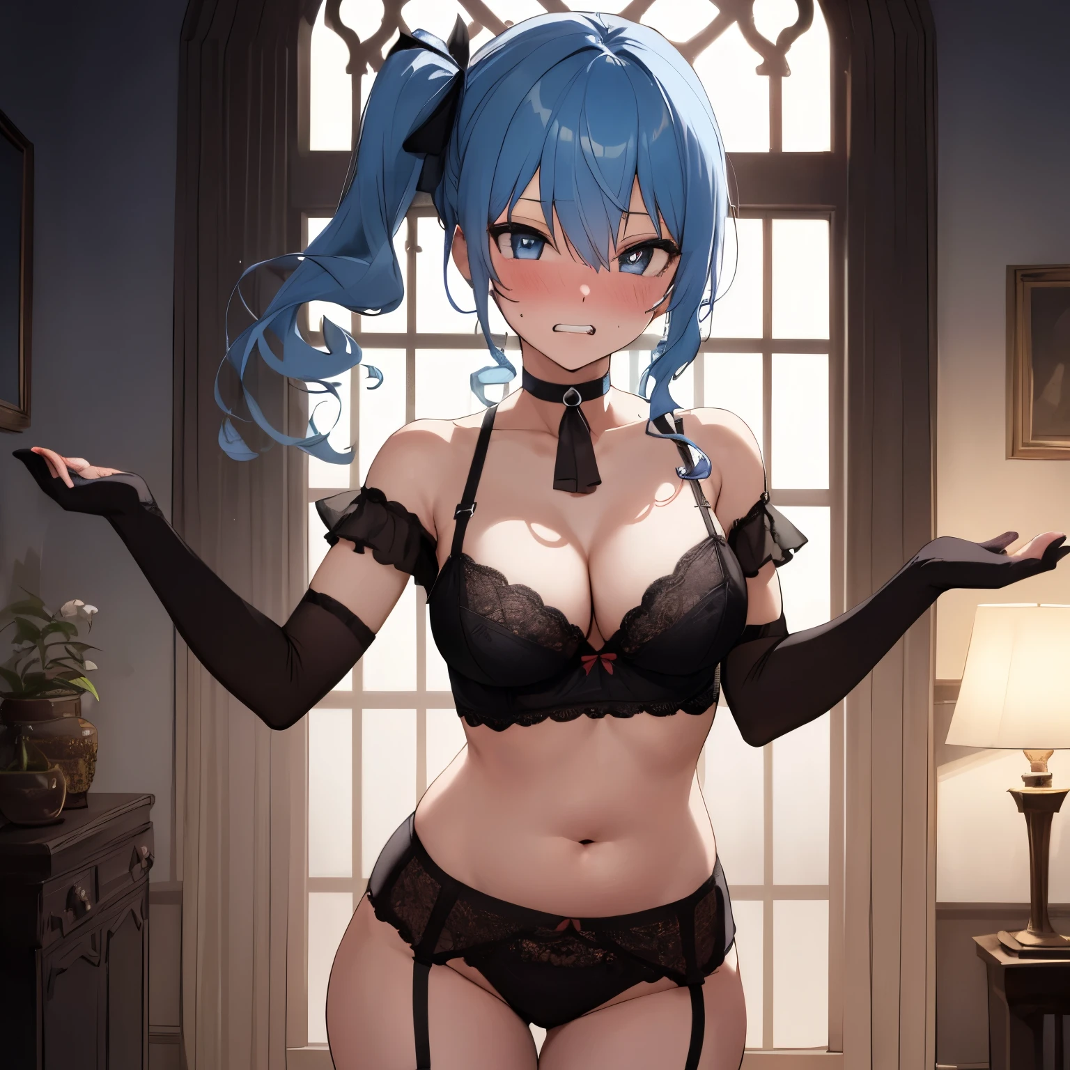 NSFW,Hoshimachi Suisei,blue eyes,blue hair,choker,hair between eyes,medium hair,side ponytail,スターchoker,small breastasterpiece:1.2), highest quality, High resolution,(detailed and beautiful eyes:1.6),(perfect hands, perfect anatomy),(((masterpiece))),((highest quality)),embarrassed face,blush,teeth clenched,whole body,off shoulder dress,fine lingerie,sexy lingerie,garter belt,glove,belly button,cleavage,Arms raised up,moonlit church
