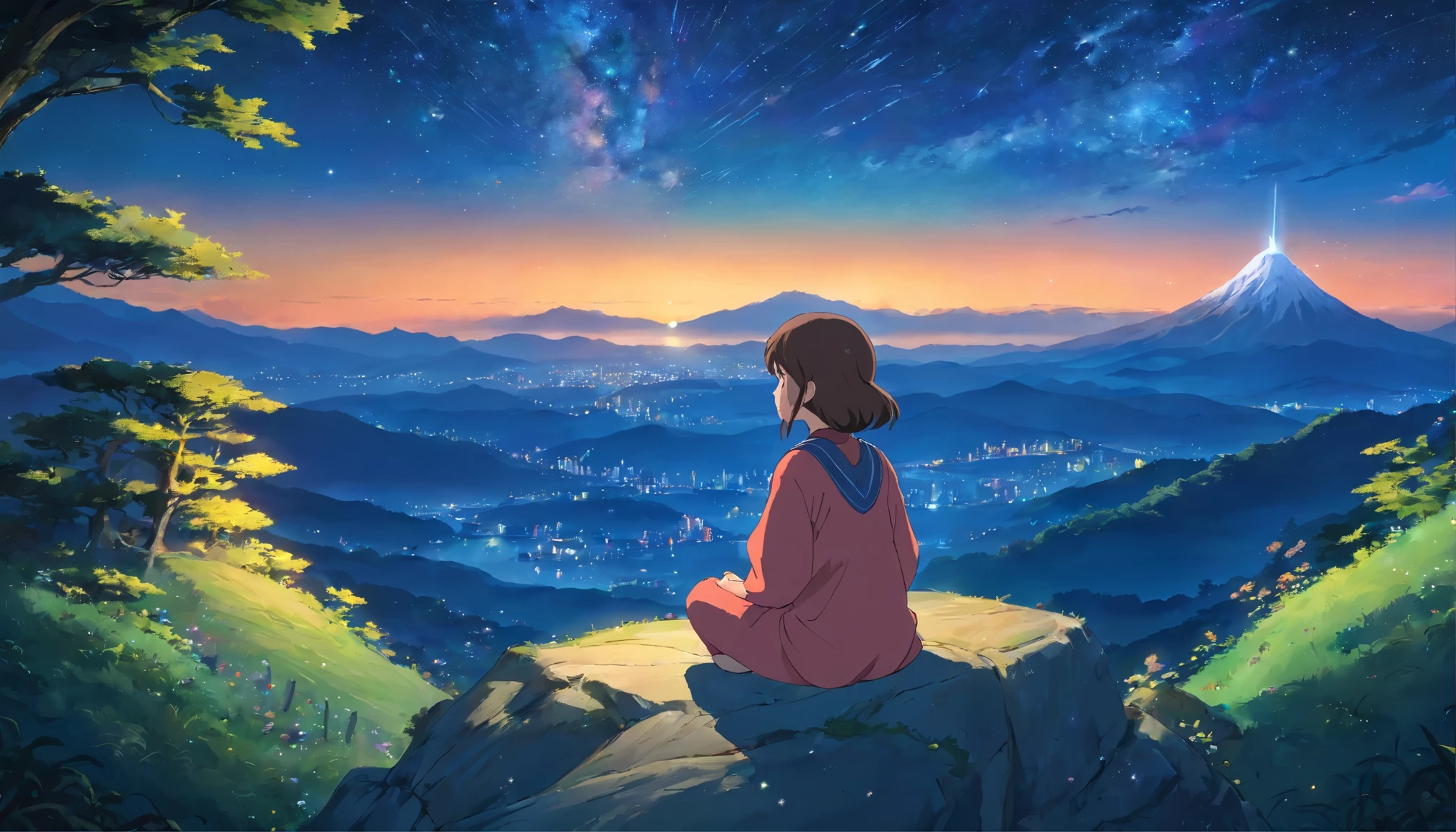 While looking at the starry sky with the mountain top in the background、Girl meditating on Kasu at night
