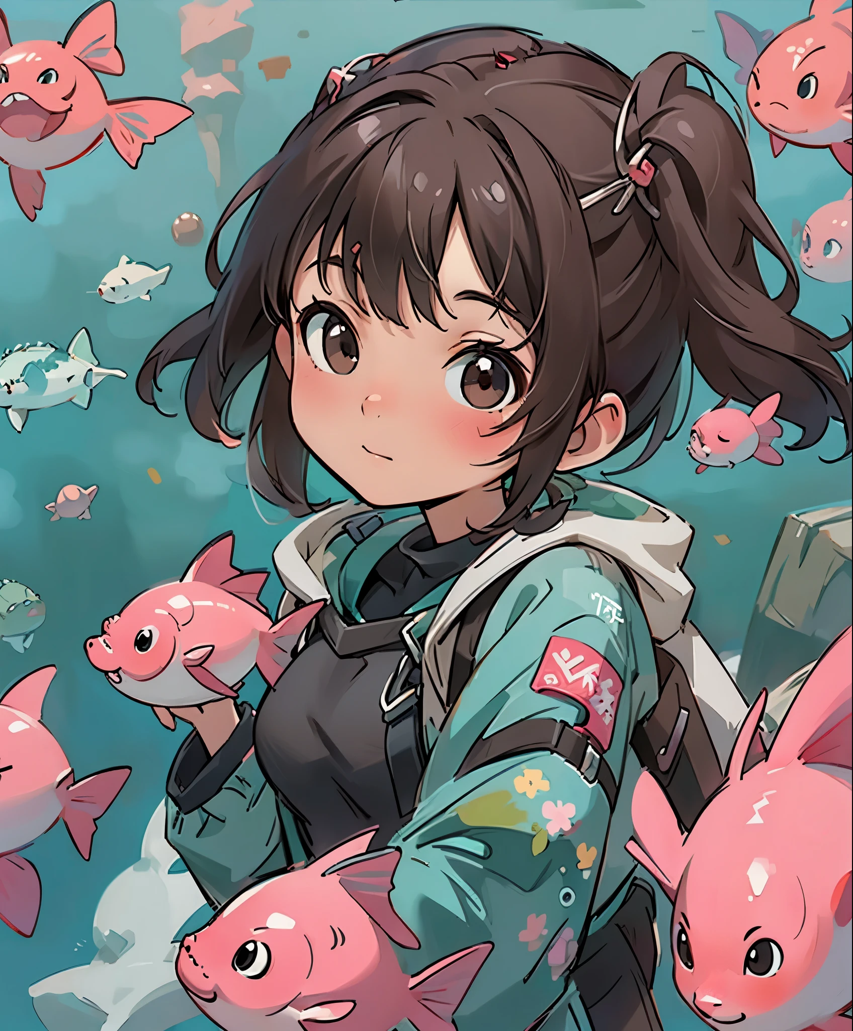 (masterpiece、highest quality、highest quality、official art、beautiful beautiful:1.2)、(1 girl:1.3)Hatsune Miku、twin tails,big breasts,"Frontal image of a 5 year old girl looking for fish in the deep sea, brown haired, brown eyes, rosy cheeks, Diving goggles, pink diving suit, diving gloves, diving shoes, 2D illustration style for children&#39;s books."