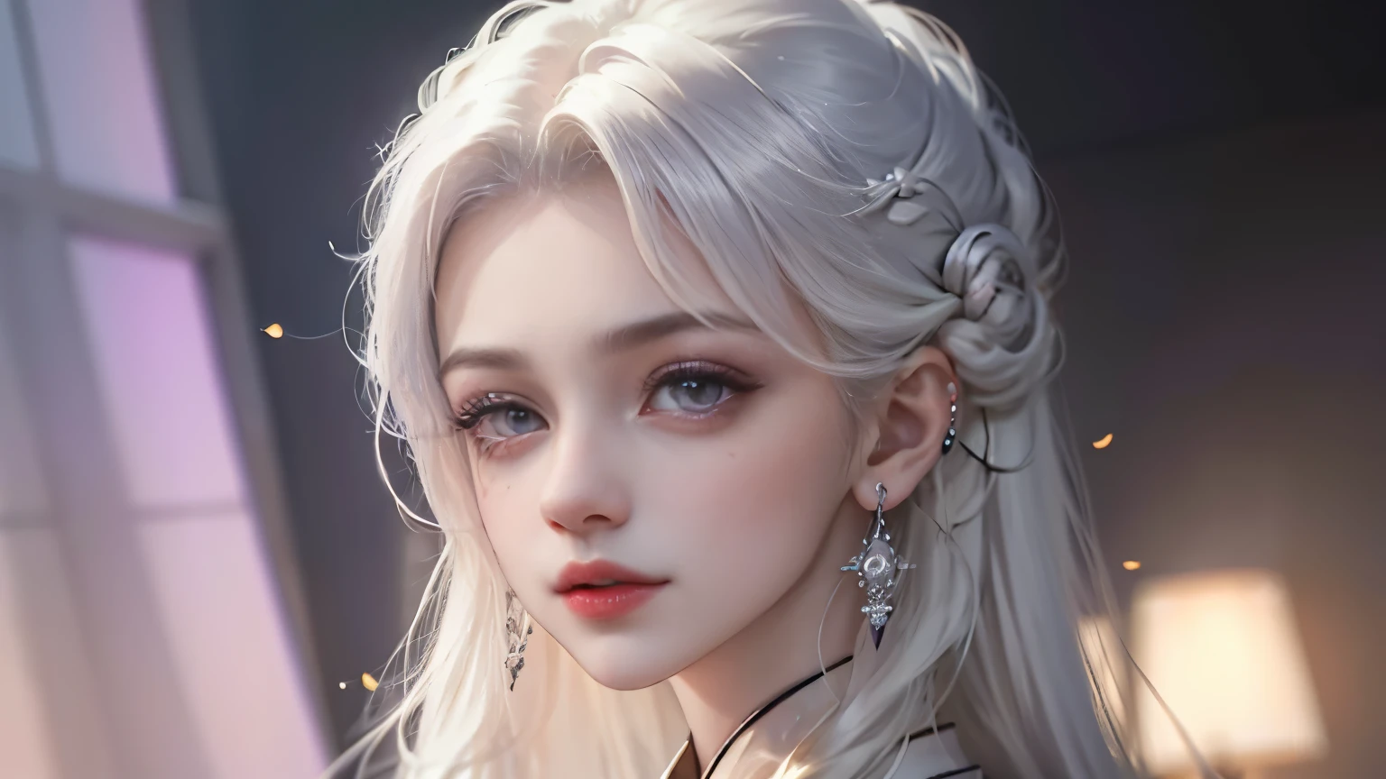 （best quality，masterpiece：1.2），ultra high resolution，realistically，front lighting，intricate details，Exquisite details and textures，（1 girl），alone，upper part of body，Purple Hanfu，好漂亮的big eyes，purple dress，Petal decoration，pretty face，facing the audience，ribbon，gossamer，（young），facial highlights，Detailed production，tear nevus，White skin，silver hair，high ponytail，looking at the audience，big eyes，（hollow pattern），ear nipple ring，fit，White background，right hand，professional lighting，photon mapping，radio city，Physically based rendering
