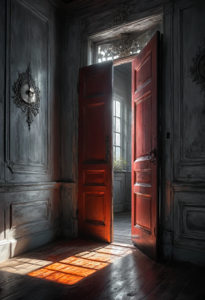 (Tyndall Effect:1.4), strong light penetrates through the door, Capture the ethereal light and shadow in a stunning photograph with selective color details, revealing the hidden poetry of everyday objects, Country style, (best quality, masterpiece, Representative work, official art, Professional, Ultra intricate detailed, 8k:1.3)