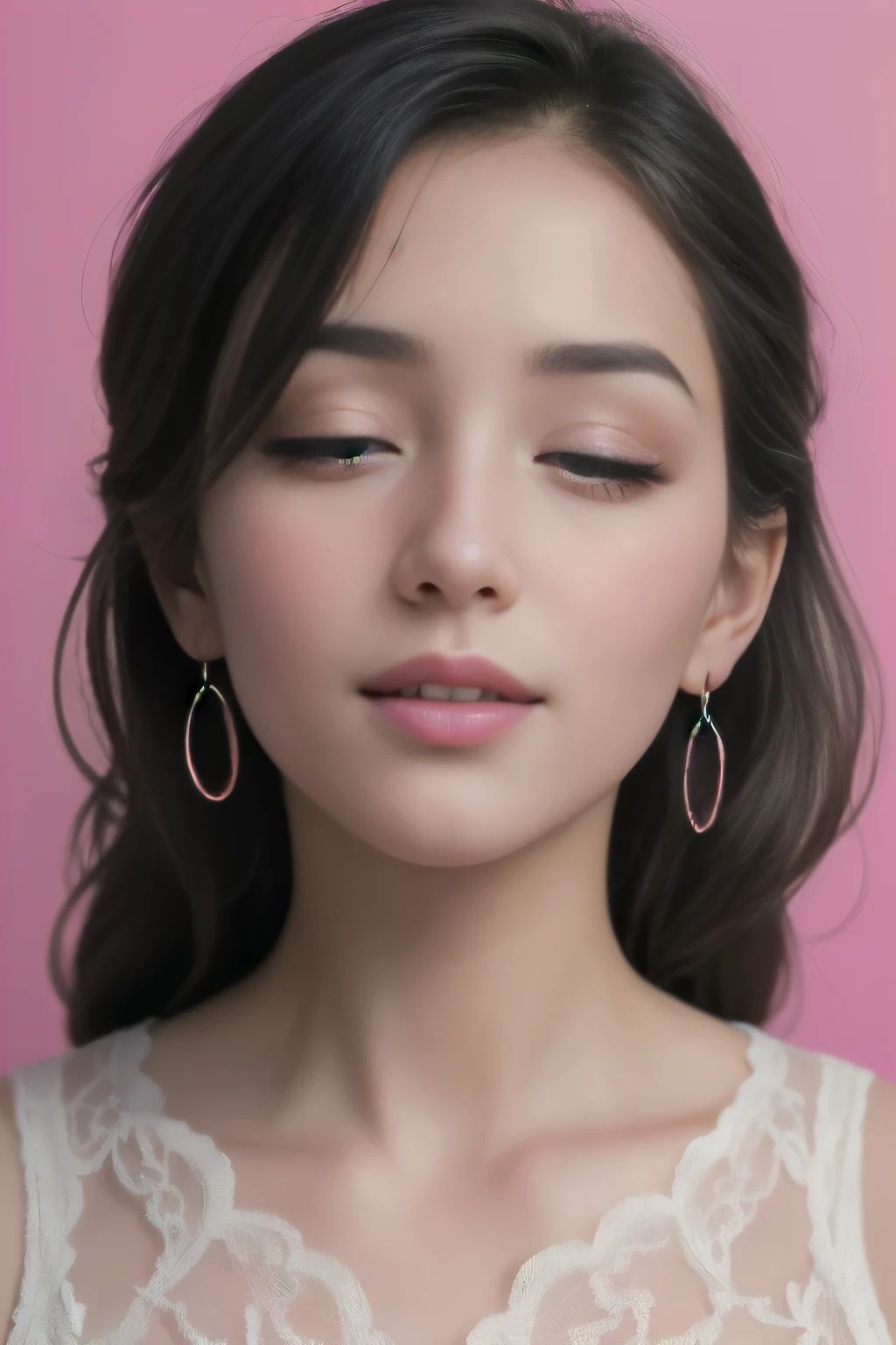 (best quality,4k,8k,highres,masterpiece:1.2),ultra-detailed,(realistic,photorealistic,photo-realistic:1.37),HDR,UHD,studio lighting,extreme detail description,professional,vivid colors,braided hair,soft lighting,romantic atmosphere,black lace dress,pink background,captivating gaze,flirtatious pose,gentle expression,delicate features,subtle makeup,sensual atmosphere,shimmering earrings,fragrant perfume,beautifully manicured nails,graceful posture,flowing movements,tempting allure,alluring charm,playful aura,subtle hint of mischief,exquisite beauty,mesmerizing presence,subtle seduction,enticing grace,irresistible elegance,innocent yet captivating,mesmerizing eyes,delicate blush,pinkish glow,enticing lips,subtle sensuality,suggestive smile,romantic details,inviting atmosphere.