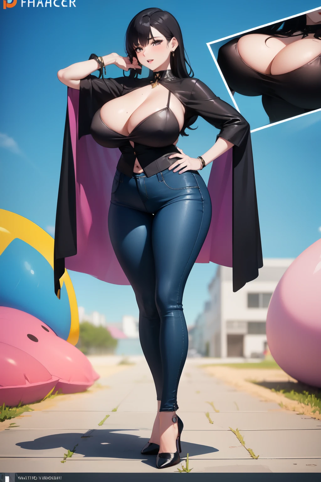 ((best quality)), ((sexy taecher-d&#39;artwork)), (detailed), visage parfait, A large woman in her forties, weighing eighty kilos, Make her pink high-heeled shoes, She has very large breasts, wide thighs, and a large ass, She has very large lips, mommy, mom, step mom, stepmom, purple room background, Long legs, blue sky Skinny jeans, Make it standing, Transparent black silk robe