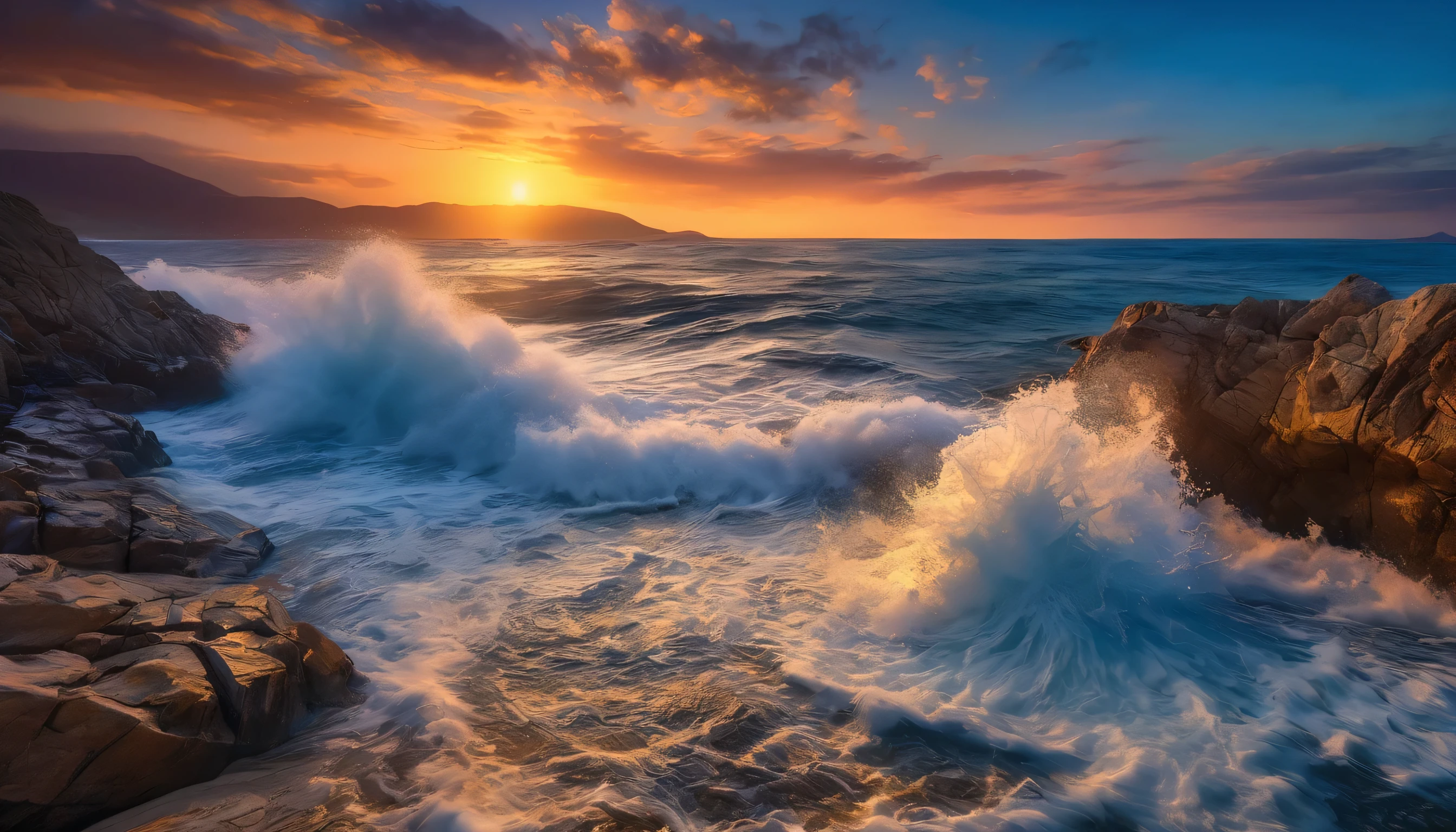 arafed view of a dawn over the blue ocean with waves crashing, chaotic sea setting, breathtaking colors, golden time, golden dawn breathtaking look, breathtaking composition, beautiful sea landscapes, stunning dawn, magnificent background, dawn glow, beautiful background, beautiful dreamy breathtaking, marc adamus, warm beautiful scene, epic dawn, beautiful dawn, beautiful dawn glow, beautiful blue ocean