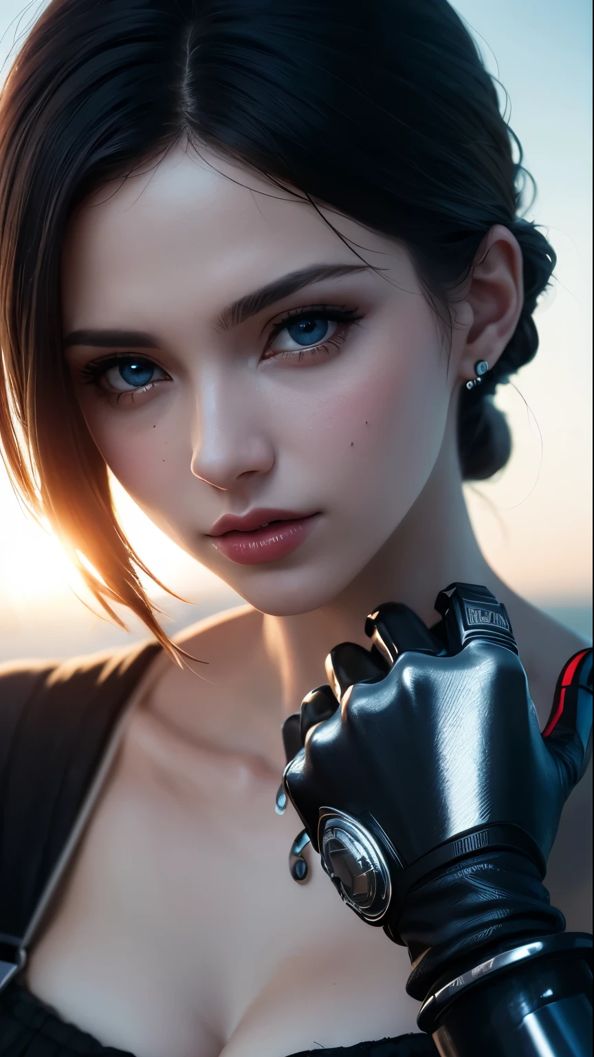 (skin dents:1.5), realistic, realistic, (masterpiece:1.5), concept art, intricate details, very detailed, realistic, octane rendering, 8k, unreal engine, dynamic pose, highest quality, High resolution, (realistic face:1.1), (hyper realism:1.1), ((full_body)), perfect eyes, (shiny skin: 1.2), (((hairstyle))), (((perfect hands)) ), (very detailed背景), ((dynamic background) ), ((sun)), (light), ((1 girl)), good looking, robot (((Shiny mechanical shape))), ((fine eyes, high quality eyes, high quality face)), (very complicated dress), short blonde hair, sun, sunlight, ((dramatic)), amazing, Depth of the bounds written, Bokeh, 4k, gothic, Ash, particle