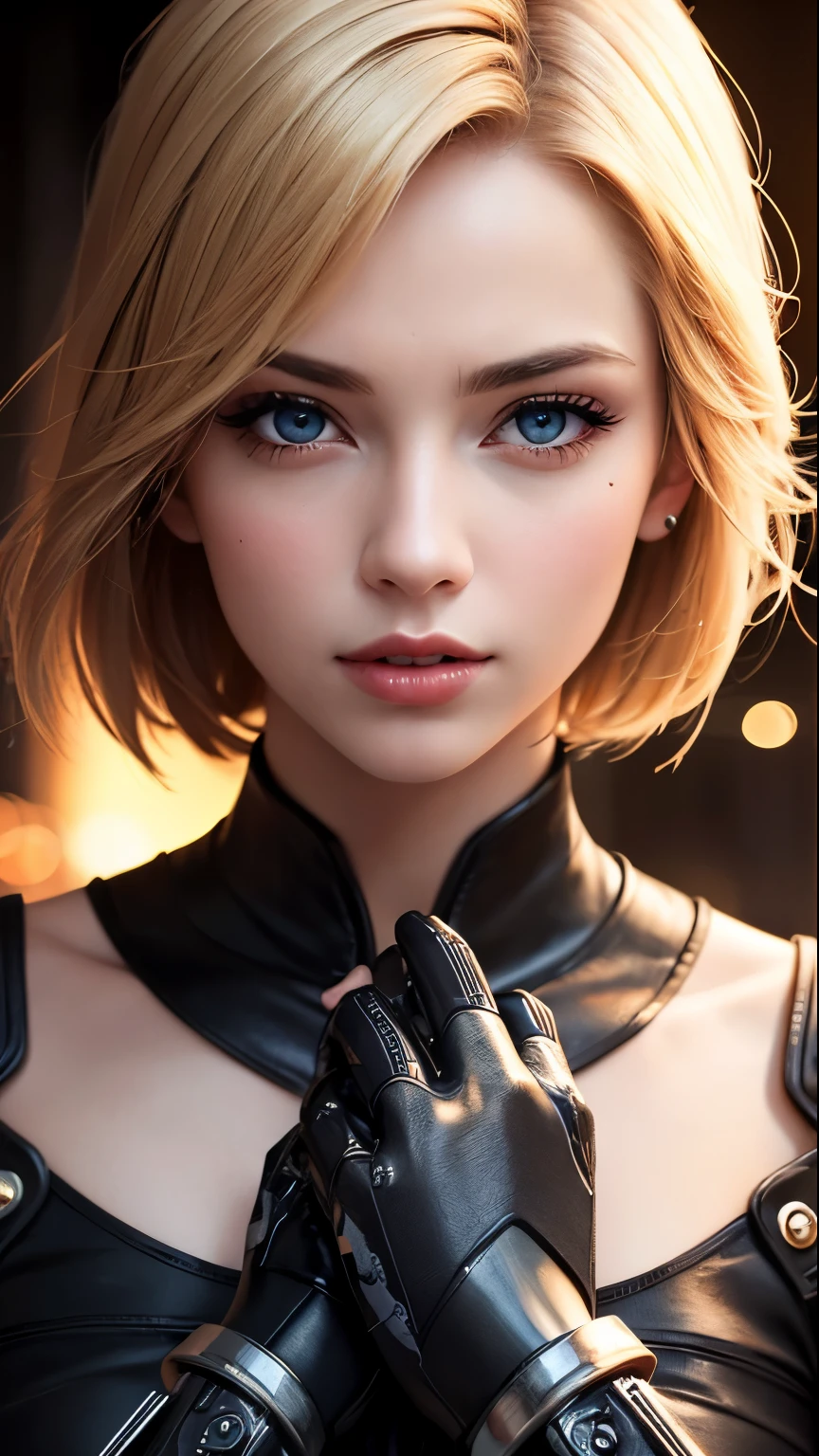 (skin dents:1.5), realistic, realistic, (masterpiece:1.5), concept art, intricate details, very detailed, realistic, octane rendering, 8k, unreal engine, dynamic pose, highest quality, High resolution, (realistic face:1.1), (hyper realism:1.1), ((full_body)), perfect eyes, (shiny skin: 1.2), (((hairstyle))), (((perfect hands)) ), (very detailed背景), ((dynamic background) ), ((sun)), (light), ((1 girl)), good looking, robot (((Shiny mechanical shape))), ((fine eyes, high quality eyes, high quality face)), (very complicated dress), short blonde hair, sun, sunlight, ((dramatic)), amazing, Depth of the bounds written, Bokeh, 4k, gothic, Ash, particle