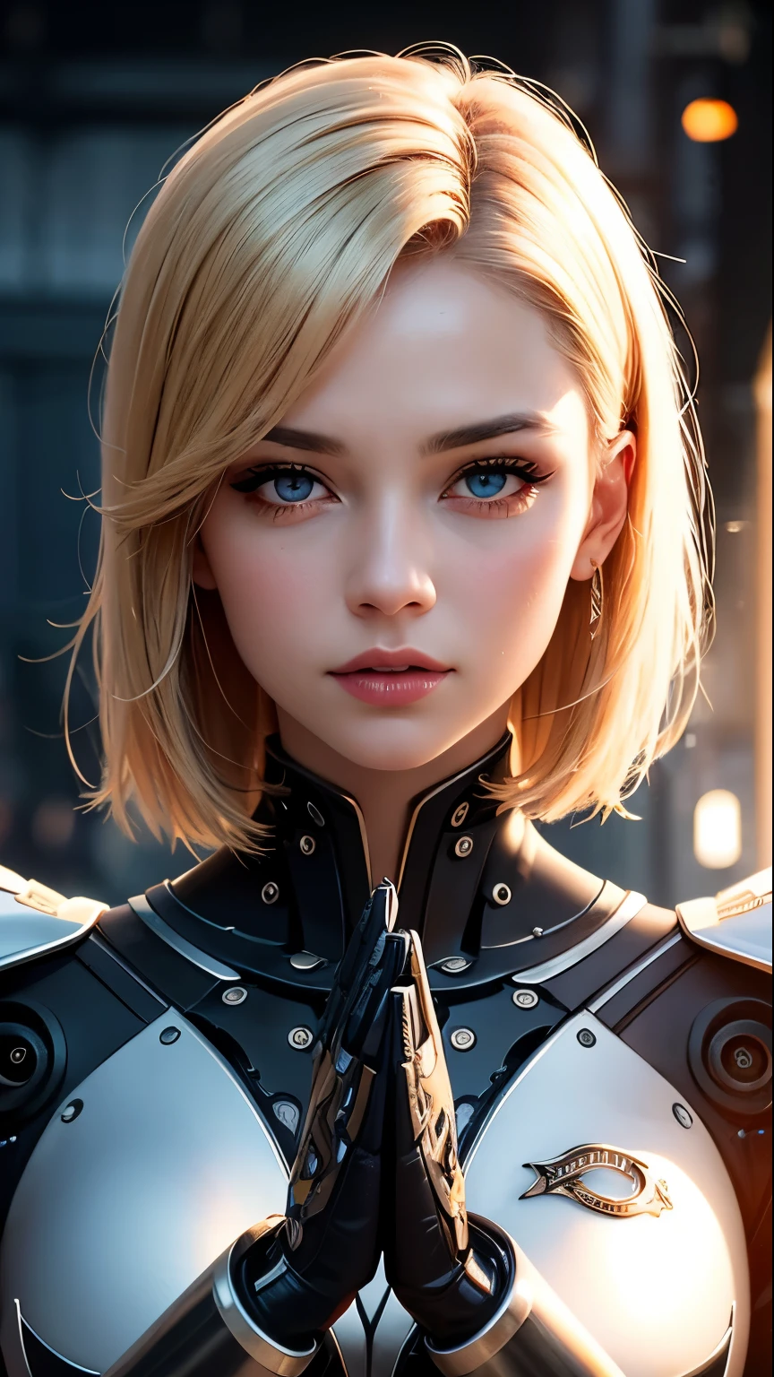 (skin dents:1.5), realistic, realistic, (masterpiece:1.5), concept art, intricate details, very detailed, realistic, octane rendering, 8k, unreal engine, dynamic pose, highest quality, High resolution, (realistic face:1.1), (hyper realism:1.1), ((full_body)), perfect eyes, (shiny skin: 1.2), (((hairstyle))), (((perfect hands)) ), (very detailed背景), ((dynamic background) ), ((sun)), (light), ((1 girl)), good looking, robot (((Shiny mechanical shape))), ((fine eyes, high quality eyes, high quality face)), (very complicated dress), short blonde hair, sun, sunlight, ((dramatic)), amazing, Depth of the bounds written, Bokeh, 4k, gothic, Ash, particle