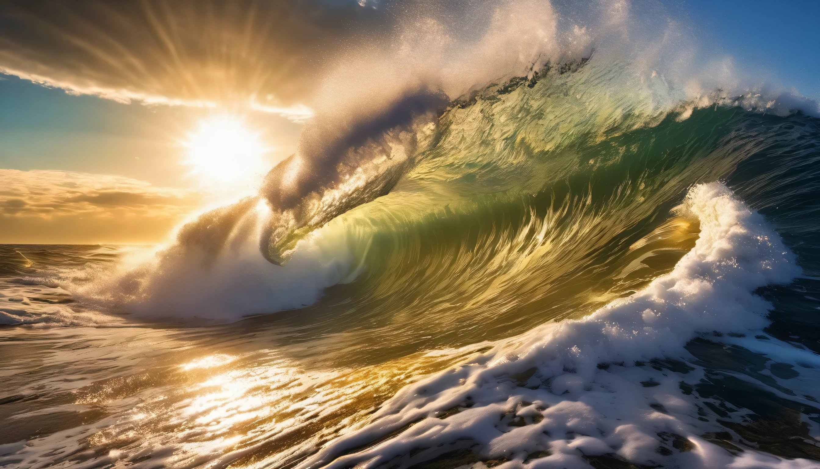 majestic ocean image with big waves crashing, golden sunlight shining on the sea, beautiful ocean, big waves, shimmering light