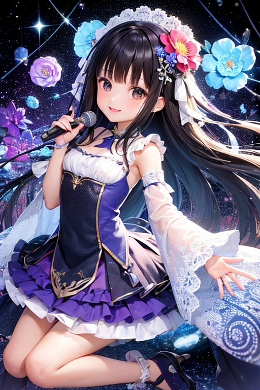 Extremely detailed,(Fractal Art:1.1),(Colorful:1.1)(Flowers:1.3)、 (Dynamic Pose), (Abstract background:1.3)、(Many colors:1.4)、Place one small doll on a circular stand、kawaii pose、A smile、A dark-haired、Chibi Doll、Stars in the eyes（kirakira）、Singing with microphone in hand、Eye Up、Laugh、Cute red shoes、Ultra Detail, radiant light、bio luminescent、Stronger bokeh effect、Taken from the side
