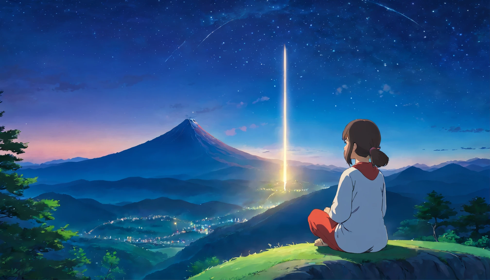 While looking at the starry sky with the mountain top in the background、Girl meditating on Kasu at night