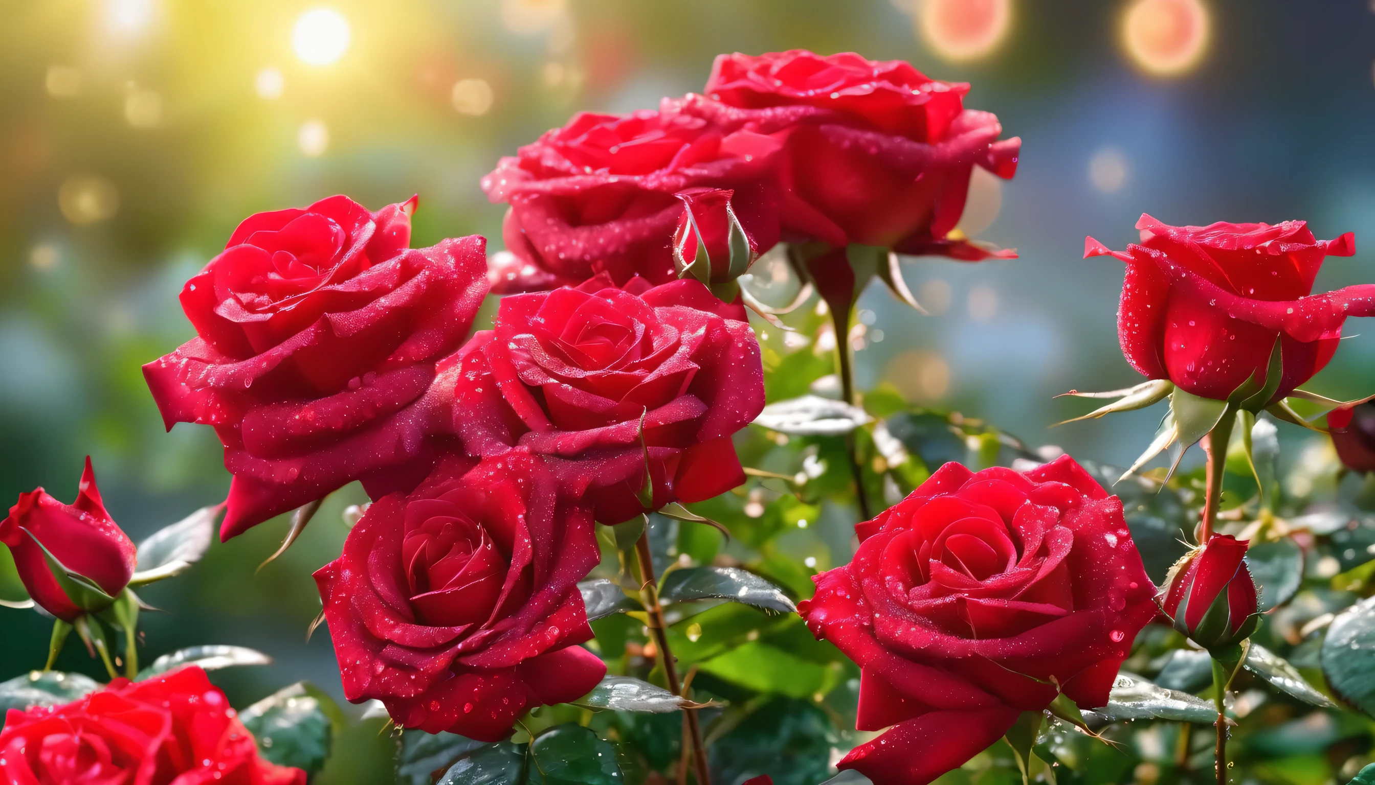 Many red color rose flowers in the garden and sunlight with bokeh, dew drops on flower petalasterpiece, ultra quality, high resolution, 8k, intricate: 1.2), (masterpiece), (best quality:1)