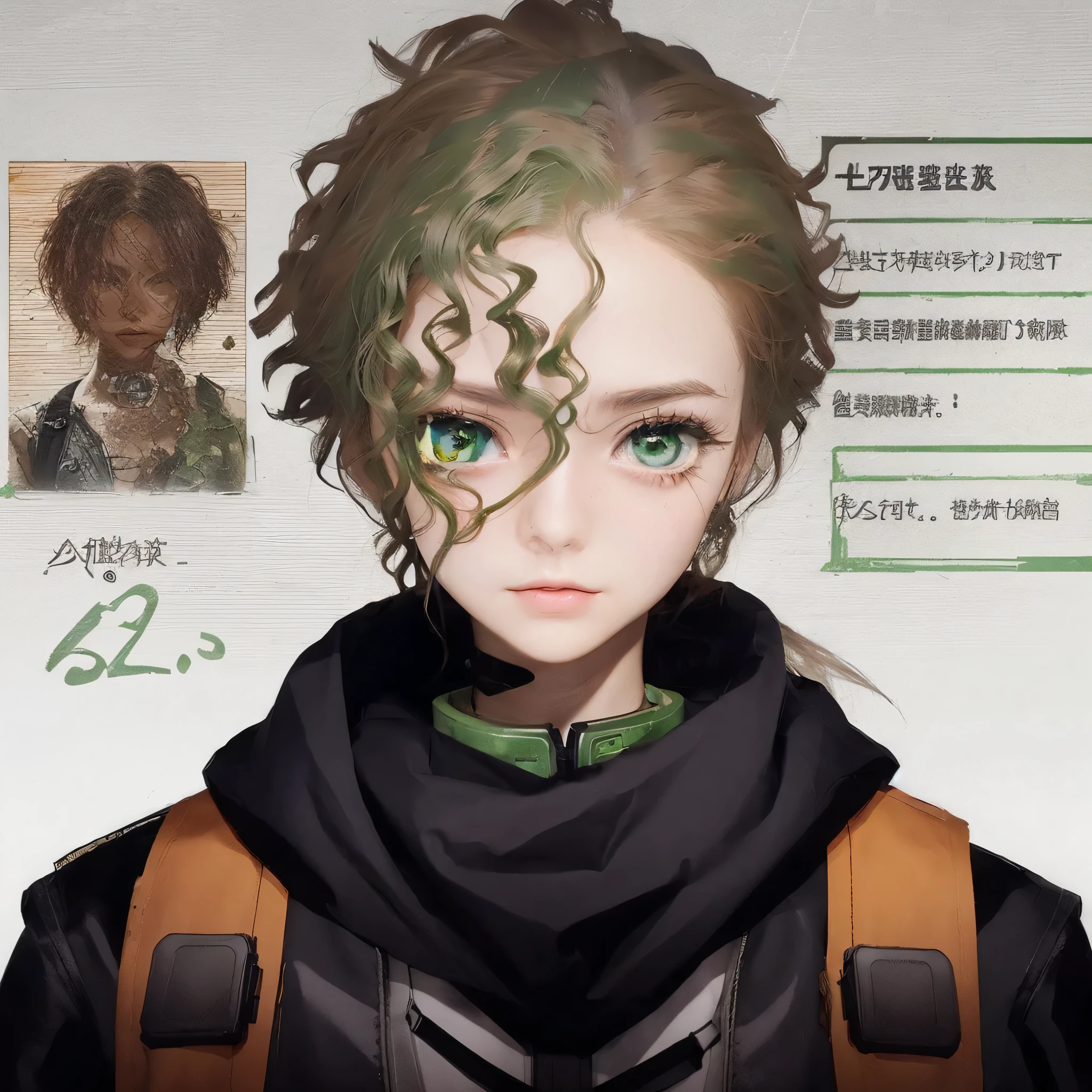 create an open identity passport in a dystopian apocalyptic era using Chinese languages of a beautiful curly long hair anime style 22 years old girl with purple and brown dystopian survivor clothes, she has brown eyes.