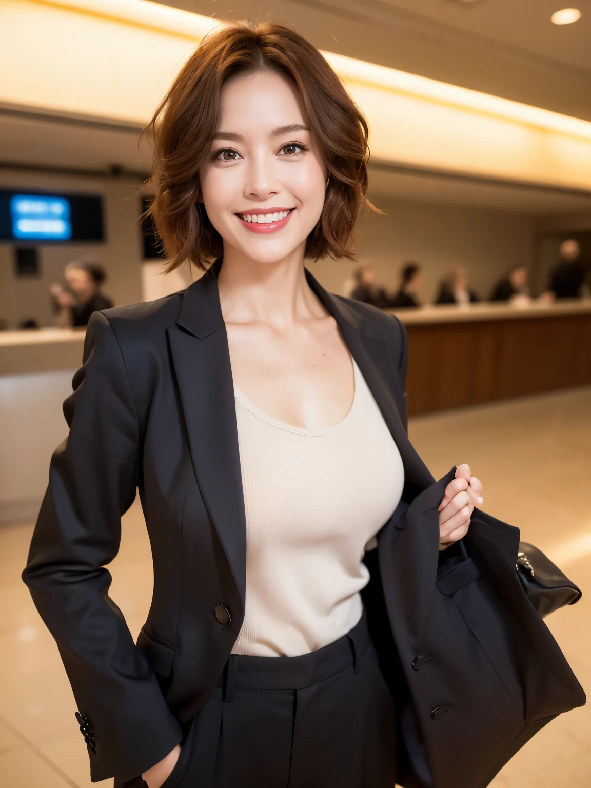 (38 years old), (black business suit:1.2), (black wool pants), double eyelids, eyelashes, red lipstick, (smile:1), ((close your eyes:0.85)), (looking at viewer, standing), (from above:0.2), pointed red mouth, (auburn hair), (wavy short hair), collarbone, (Photorealistic:1.3), (RAW photo), (Haneda Airport departure lobby, in front of airline counter, bright sunlight, modern architecture), 8k, super detailed, top quality, clean skin, anatomically correct, masterpiece, top quality, cinematic lighting, perspective throughout Use , Surrealism ,(Realistic:1. 3),(RAW photo), (Smiling:1.2), Anaglyph, Stereogram, (Mature female:1), ((Close:0. 5)), Glare, Double eyelid, ((looking at viewer)), Slightly thicker body type, Wide-eyed, Perfectly round eyes, Fine texture