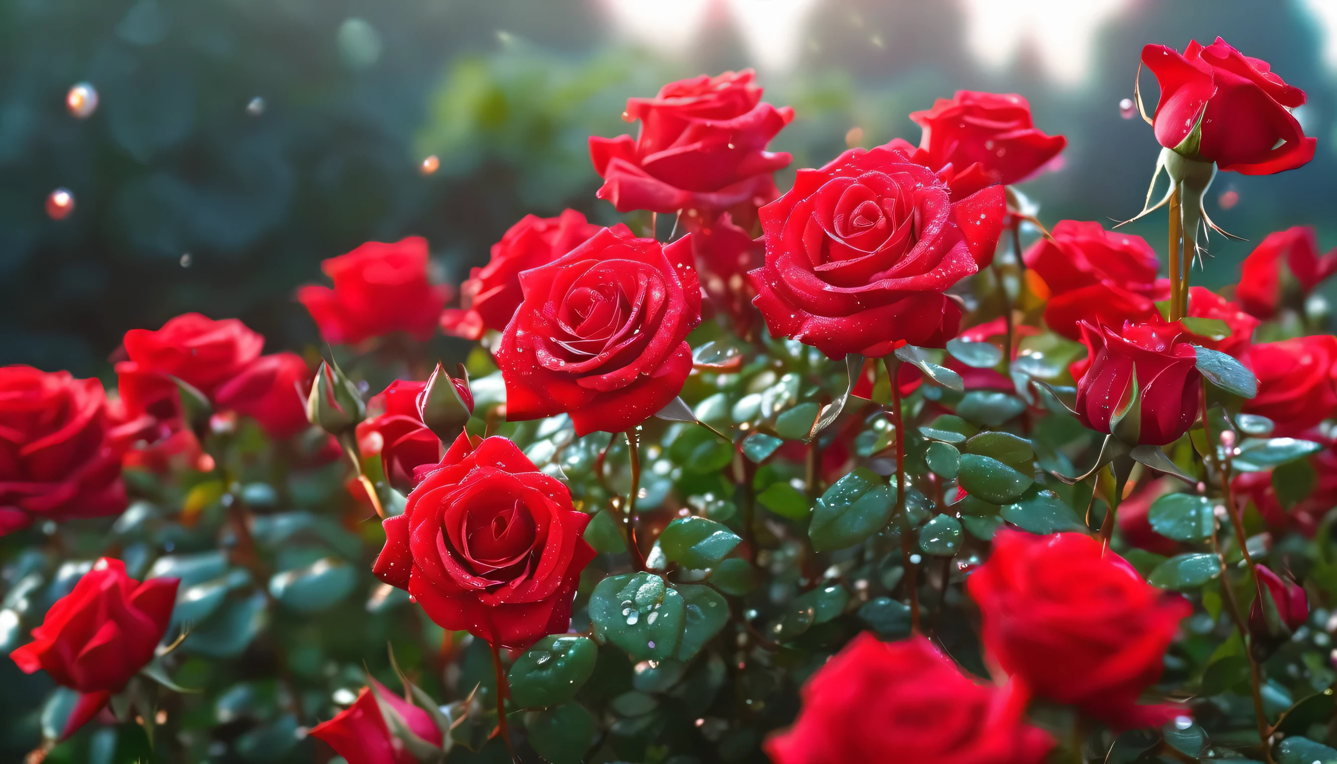 Many red color rose flowers in the garden and sunlight with bokeh, dew drops on flower petalasterpiece, ultra quality, high resolution, 8k, intricate: 1.2), (masterpiece), (best quality:1)