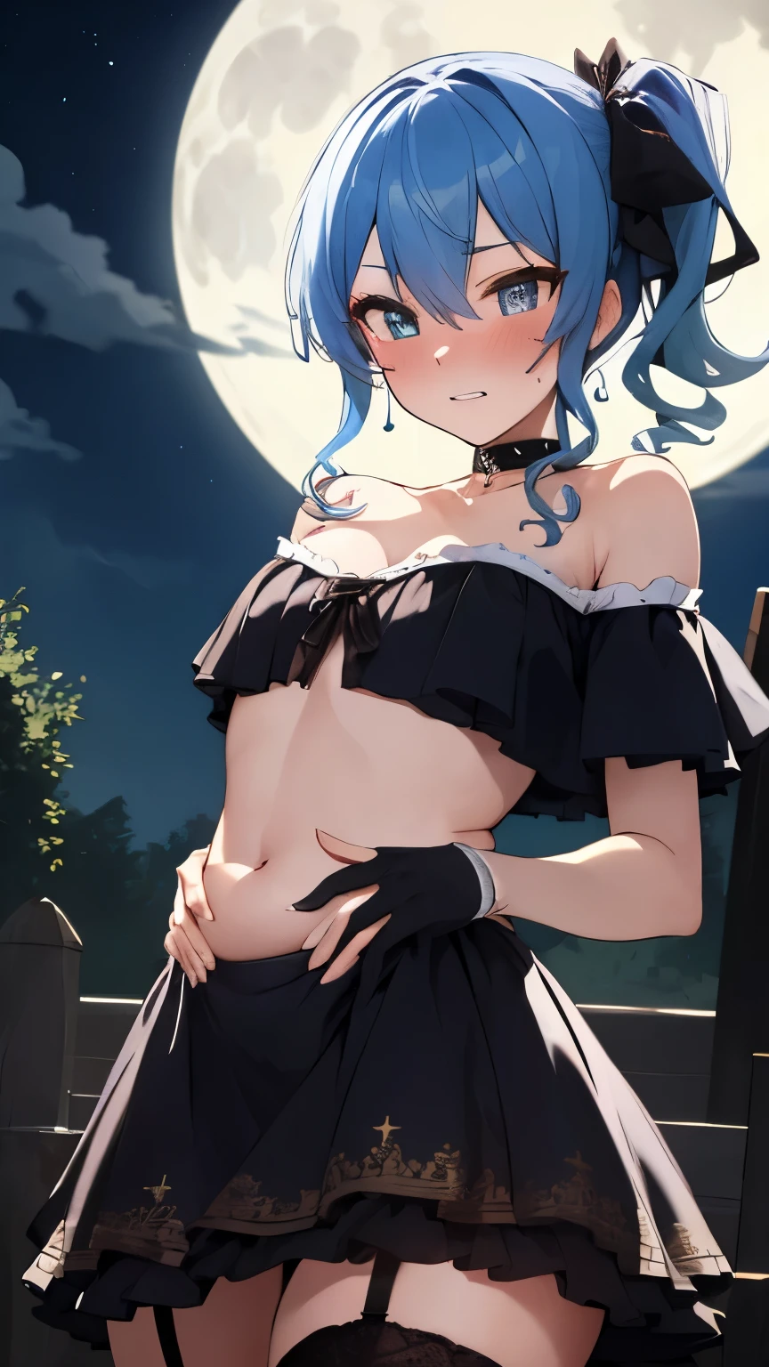 NSFW,Hoshimachi Suisei,blue eyes,blue hair,choker,hair between eyes,medium hair,side ponytail,スターchoker,small breastasterpiece:1.2), highest quality, High resolution,(detailed and beautiful eyes:1.6),(perfect hands, perfect anatomy),(((masterpiece))),((highest quality)),embarrassed face,blush,teeth clenched,whole body,off shoulder dress,ruffle skirt,garter belt,glove,thin waist,belly button,cleavage,Church at night illuminated by moonlight