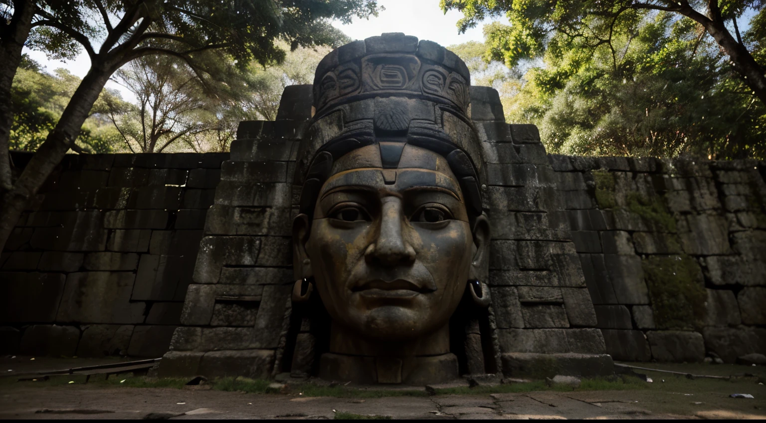 The frontal Ancient mayan Statue With Very Angry Expression, muitos detalhes em ambos os olhos, Outside, fundo preto, com rosto esculpido em pedra porosa extremamente detalhado full body view, Colors with low saturation with dark tone, Filmado em Sony A7S III com Sony FE 35mm f/1.8, 12.1 MP, --AR 3:2 --estilo cru