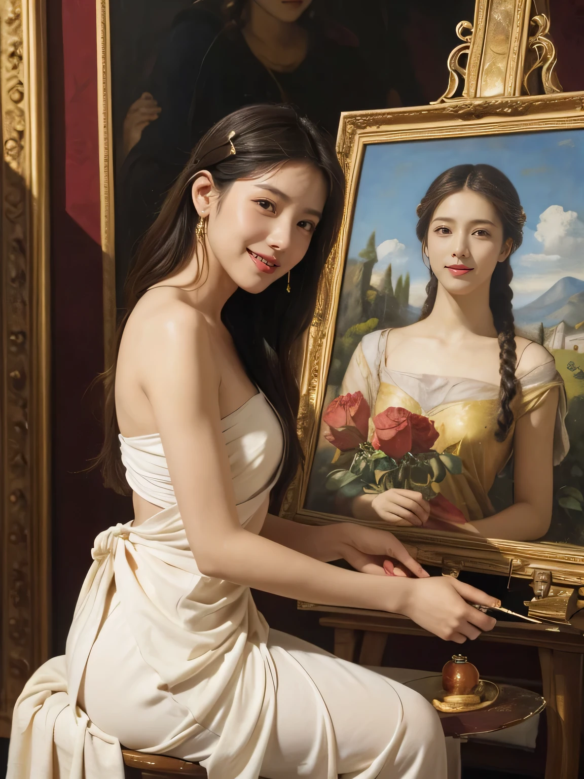 Giorgione painting style,roses in vase、fruits、Cute trinkets、smile、ancient greek costume、Clothes that stretch your shoulders、A big smile、beautiful bare skin,Female painter painting oil in her studio,Woman painting in oil with oil brush and palette,Woman painting oil on canvas