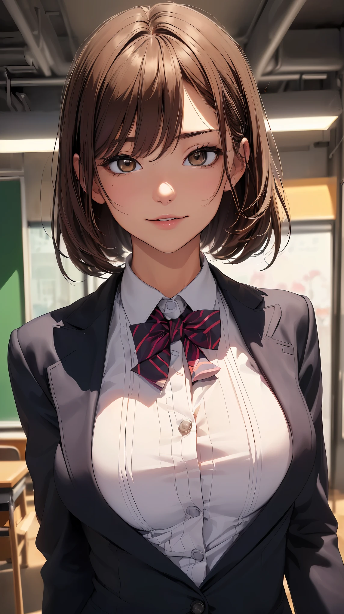 (8k, Super realistic,最high quality, high quality, High resolution, high quality texture, masterpiece:1.2, Highly detailed CG,detailed texture, unreal engine), (small face, realistic facial expression), (high detail skin:1.2), one woman, (brown hair, straight hair, black eye), (slim body shape:1.4, A woman with a slender body and big breasts), very detailed顔と肌の質感, ((turn to the side:1.2)), ((photo shootのためポーズをとる)), (smile:1.5), (((sailor suit, school uniform), ((photo shoot, Standing)), face close up shot:1.2, beautiful skin, shiny skin, perfect fingers, five fingers, anatomically correct, background bokeh, high quality, surreal, bright colors, ((nikon, 50㎜, f/1.8, very detailed, photo shoot)),