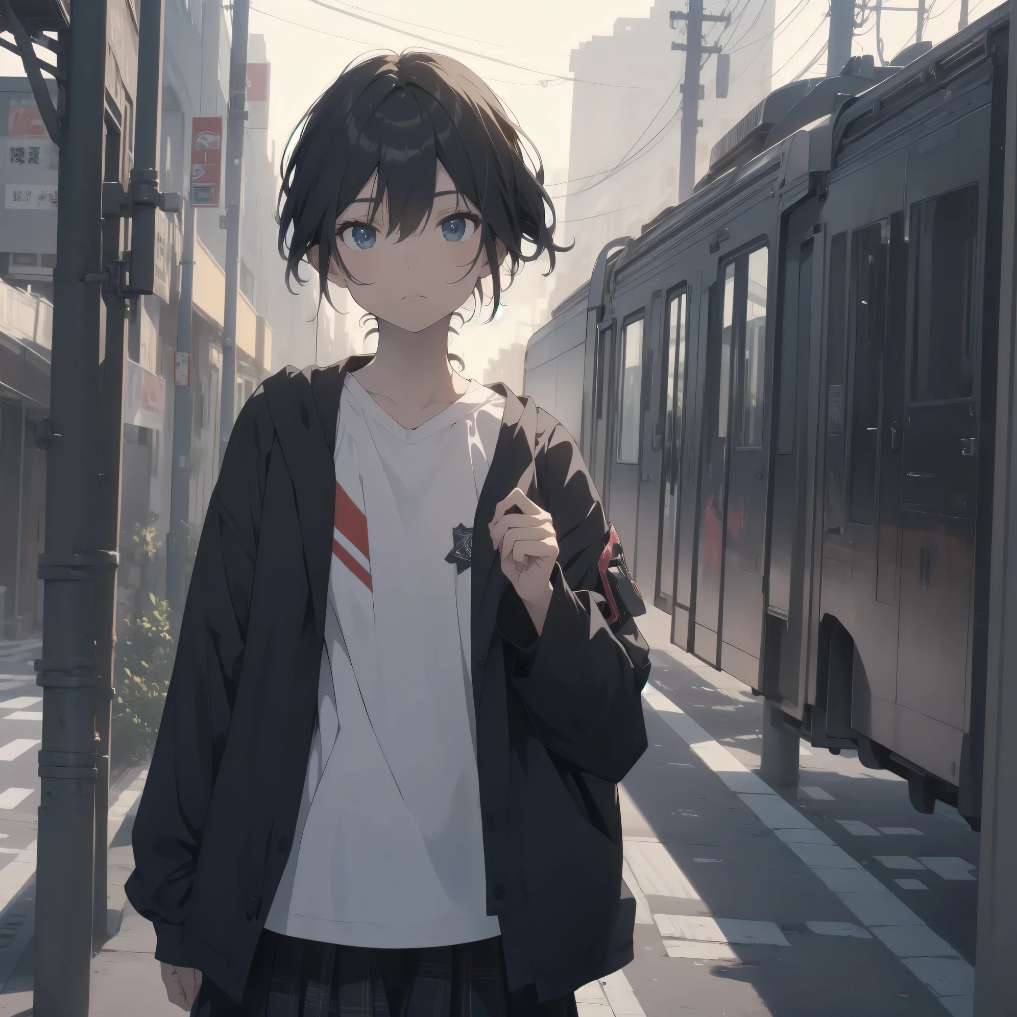 Super absurd quality by the god of art, super detailed, High resolution, artist:Fujiyama, artist:Mitsumi_Misato, anime moe art style, Best Anime 8K Kona-chan Wallpaper, pixiv contest winner, perfect anatomy, break,(眠そうにalone学校へ行く女の子を描いてください. )break,1 girl, (alone,little woman, baby face, 13 years old:1.3),All limbs, full finger,, The charm of an immature body, (very_short hair), small black eyes, detailed and beautiful eyes, Well-proportioned iris and pupils, expressive eyes, sleepy eyes, High resolutionの詳細な髪, neck ribbon, skirt, collared shirt, pleated skirt, school uniform, school bag,(detailed lighting), (detailed background), On the way to school. break,super dense skin, Best cinematic lighting powered by famous artist, 8k,figure,photoshop_(Moderate),Absurd Hi-Res,Hmm,rough skin,artist:Digit