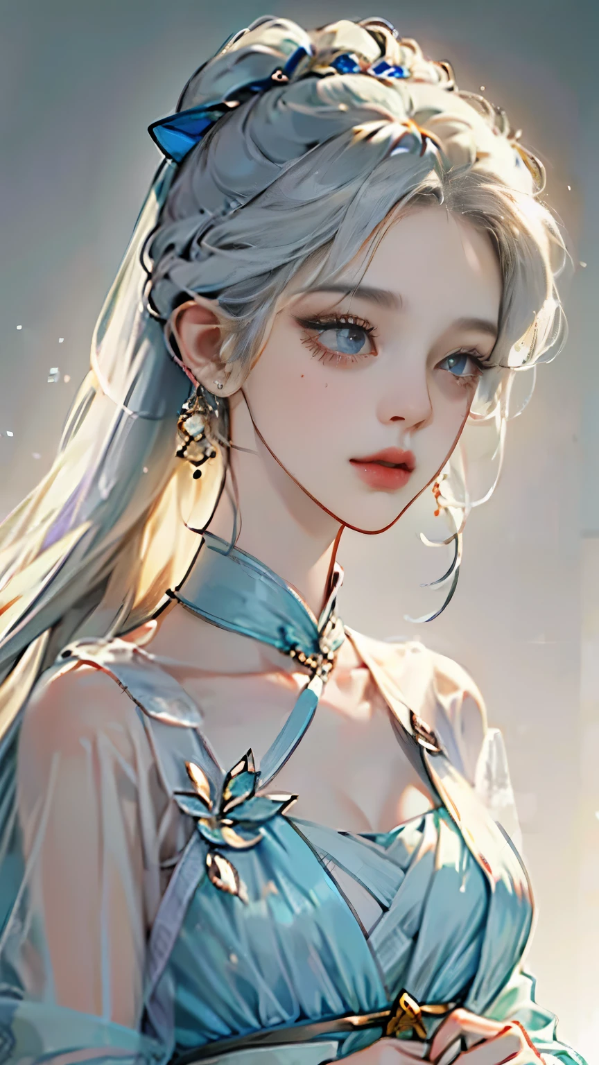 (best quality,masterpiece:1.2),ultra high resolution,realistically,front lighting,intricate details,Exquisite details and textures,(1 girl),alone,upper part of body,Purple Hanfu,好漂亮的big eyes,purple dress,Petal decoration,pretty face,facing the audience,ribbon,gossamer,(young),facial highlights,Detailed production,tear nevus,White skin,silver hair,high ponytail,looking at the audience,big eyes,(hollow pattern),ear nipple ring,fit,White background,right hand,professional lighting,photon mapping,radio city,Physically based rendering
、