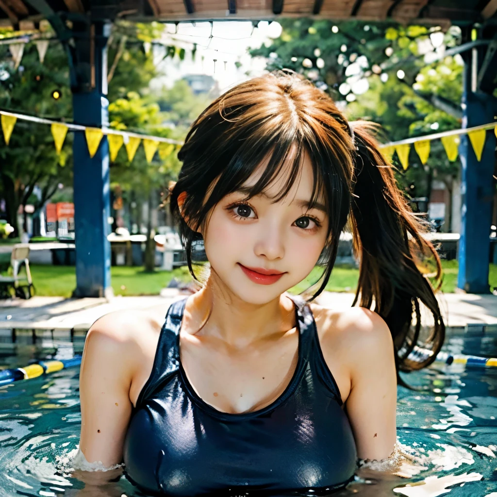 ((wear school swimsuit)), ponytail, japanese girl, 8K, ((full body shot)), huge breasts、highest quality, masterpiece, realistic, Photorealistic super detail, one girl, cute, best smile, beautiful eyes, long hair, perfect face,full body shot