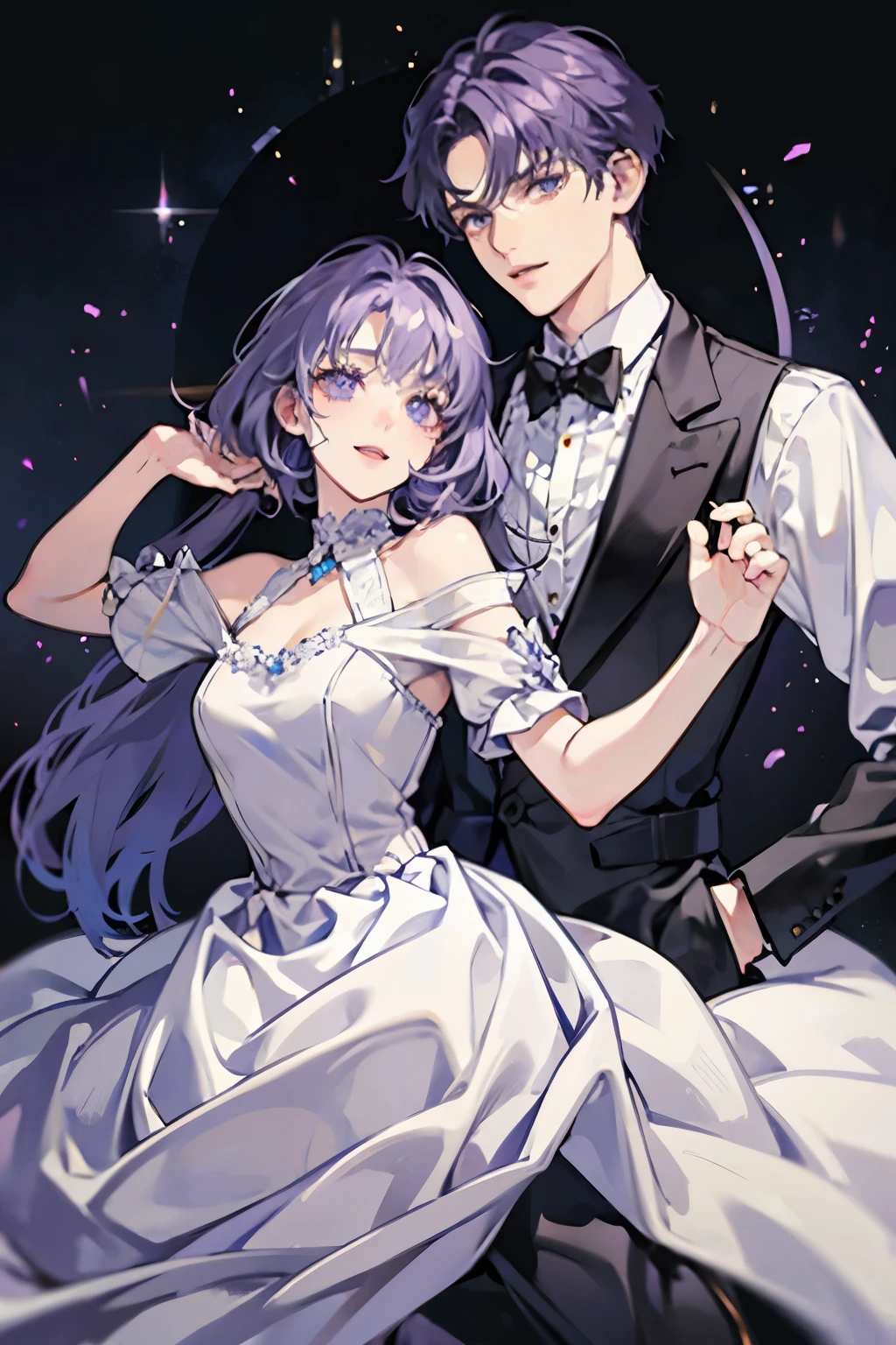 white background、((Man with purple hair))、droppy eyes、blue eyeole on face、man in white shirt、Short-haired man、Handsome guy、chest、center parting man、black slacks、smile、 male、adult woman、woman in a black dress、long hair girl、 man holding a woman、man and woman hugging each other、brown hair girl、beautiful boy、girl with bangs、detailed face、clear face、man who leans on his back