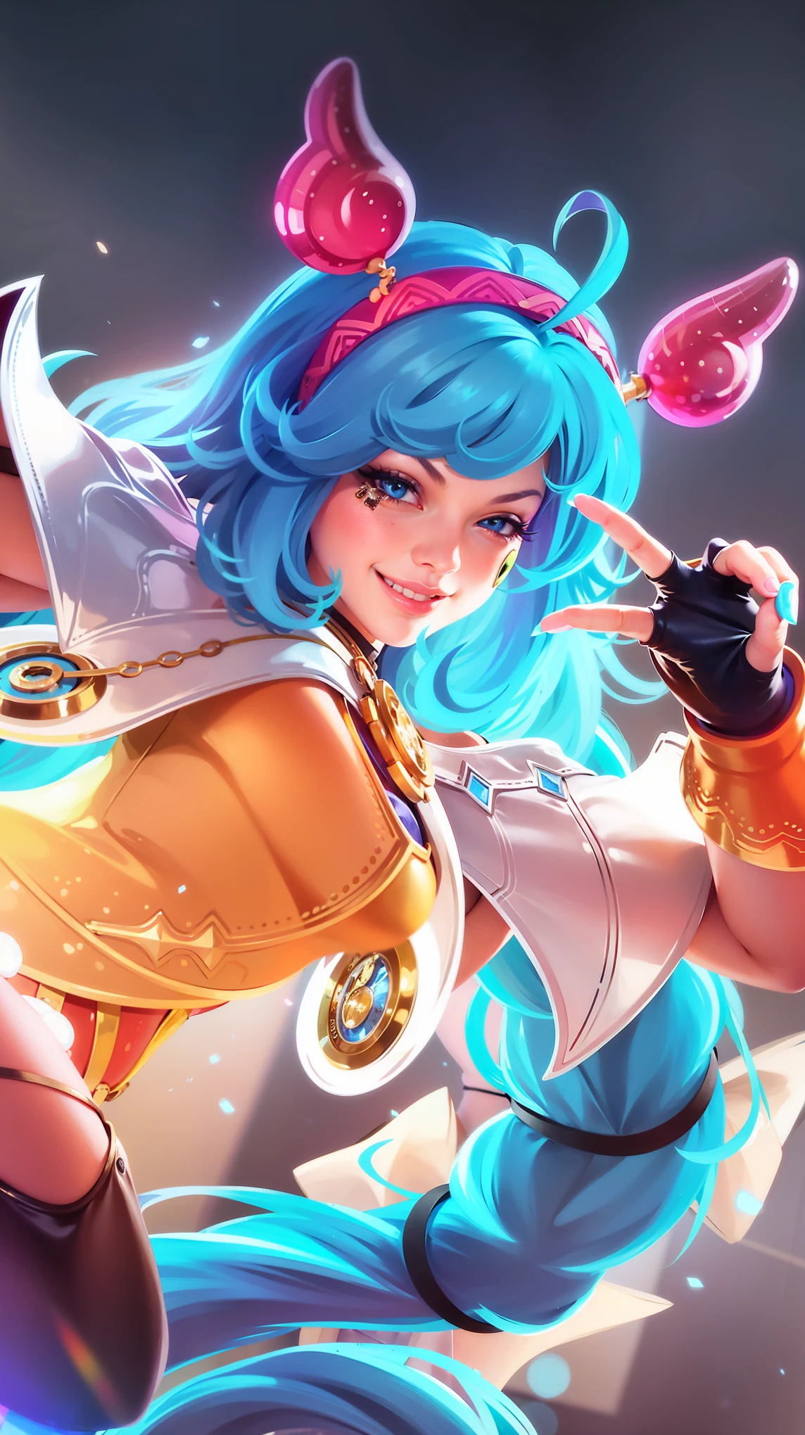 a close up of a woman with blue hair and a blue outfit.