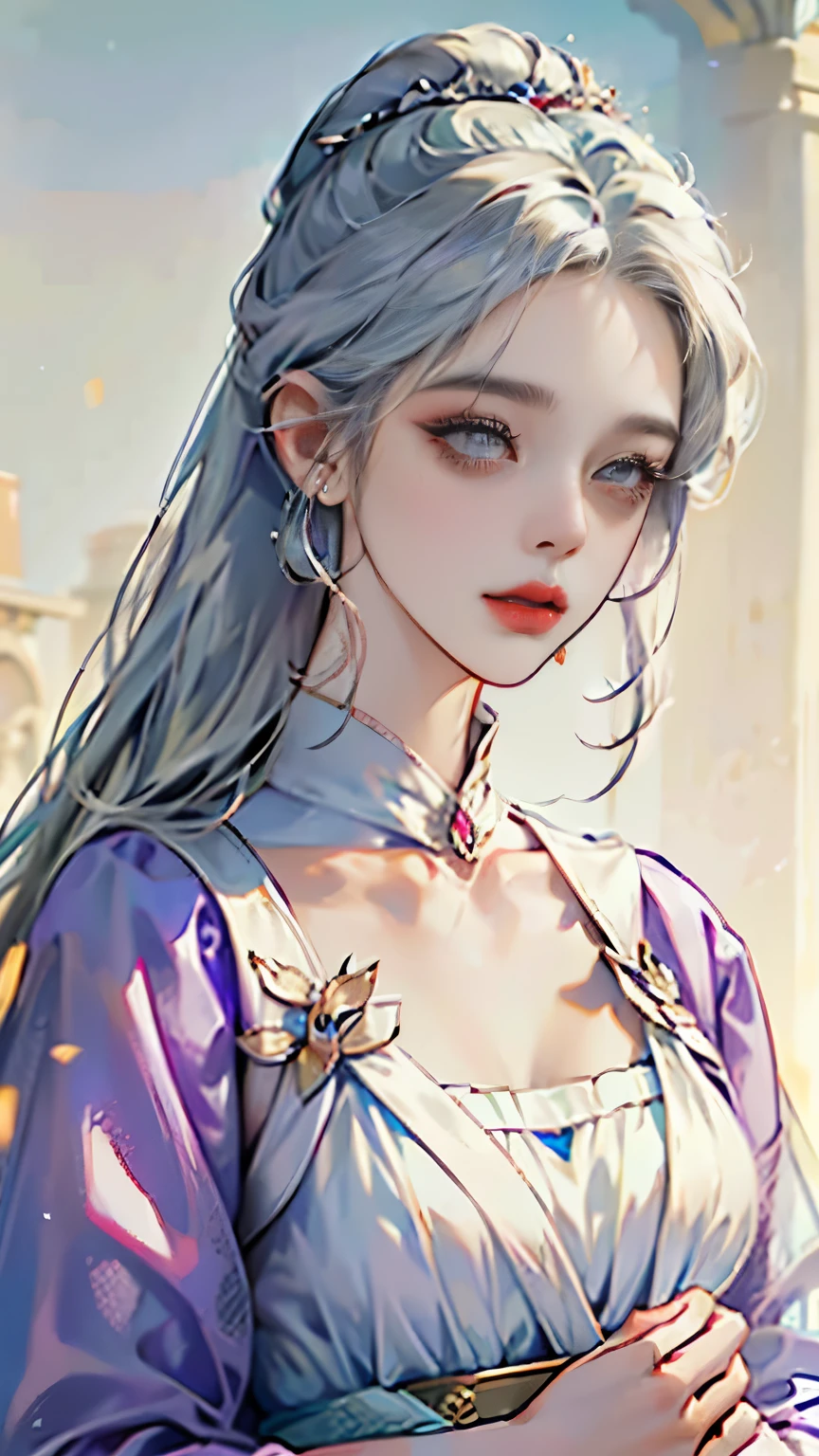(best quality,masterpiece:1.2),ultra high resolution,realistically,front lighting,intricate details,Exquisite details and textures,(1 girl),alone,upper part of body,Purple Hanfu,好漂亮的big eyes,purple dress,Petal decoration,pretty face,facing the audience,ribbon,gossamer,(young),facial highlights,Detailed production,tear nevus,White skin,silver hair,high ponytail,looking at the audience,big eyes,(hollow pattern),ear nipple ring,fit,White background,right hand,professional lighting,photon mapping,radio city,Physically based rendering
、