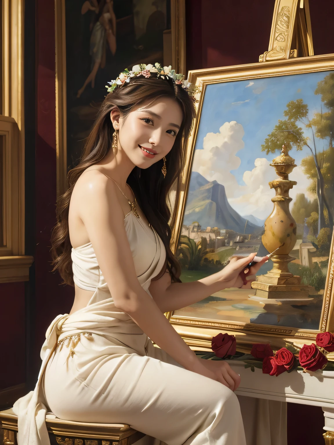 Giorgione painting style,roses in vase、fruits、Cute trinkets、smile、ancient greek costume、Clothes that stretch your shoulders、A big smile、beautiful bare skin,Female painter painting oil in her studio,Woman painting in oil with oil brush and palette,Woman painting oil on canvas