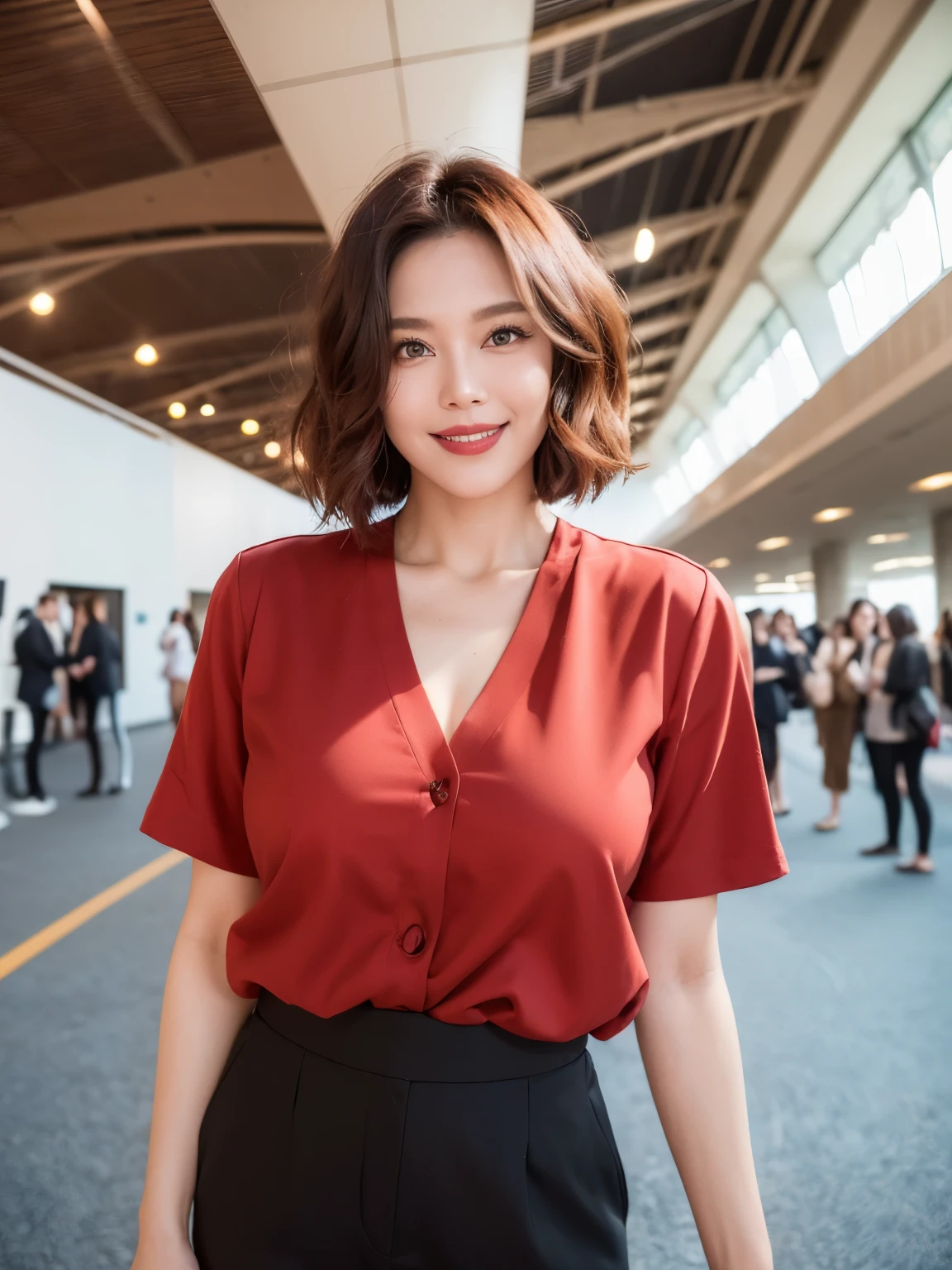（38 years old), （Black Business Suit:1.2）,（black wool pants）、（white ruffle blouse：1.4）、 double eyelid, eyelash, red lipstick, (smile:1), ((close your eyes:0.85)), (looking at the viewer、Are standing), (From above:0.2)、pointed red mouth、(reddish brown hair）、（wavy short hair),clavicle、 (Photoreal:1.3),(RAW photo）,(hawaii airport、到着ロビーにAre standing、bright sunlight、Modern architecture) , 8k, Super detailed, highest quality, beautiful skin, anatomically correct, masterpiece , highest quality, cinematic lighting, Use perspective throughout , surrealism  ,(realistic:1. 3),(RAW photo) , (smile:1.2), anaglyph, stereogram, (mature woman:1), ((close:0.5)), glare, double eyelid, ((looking at the viewer)), Slightly thick body type , I opened my eyes wide. , perfectly round eyes , fine texture