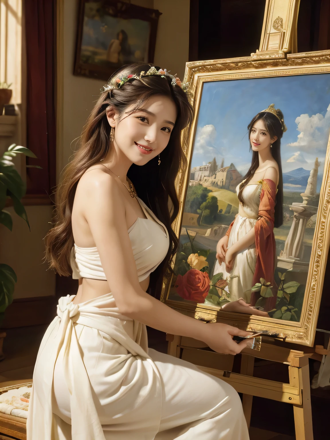 Giorgione painting style,roses in vase、fruits、Cute trinkets、smile、ancient greek costume、Clothes that stretch your shoulders、A big smile、beautiful bare skin,Female painter painting oil in her studio,Woman painting in oil with oil brush and palette,Woman painting oil on canvas