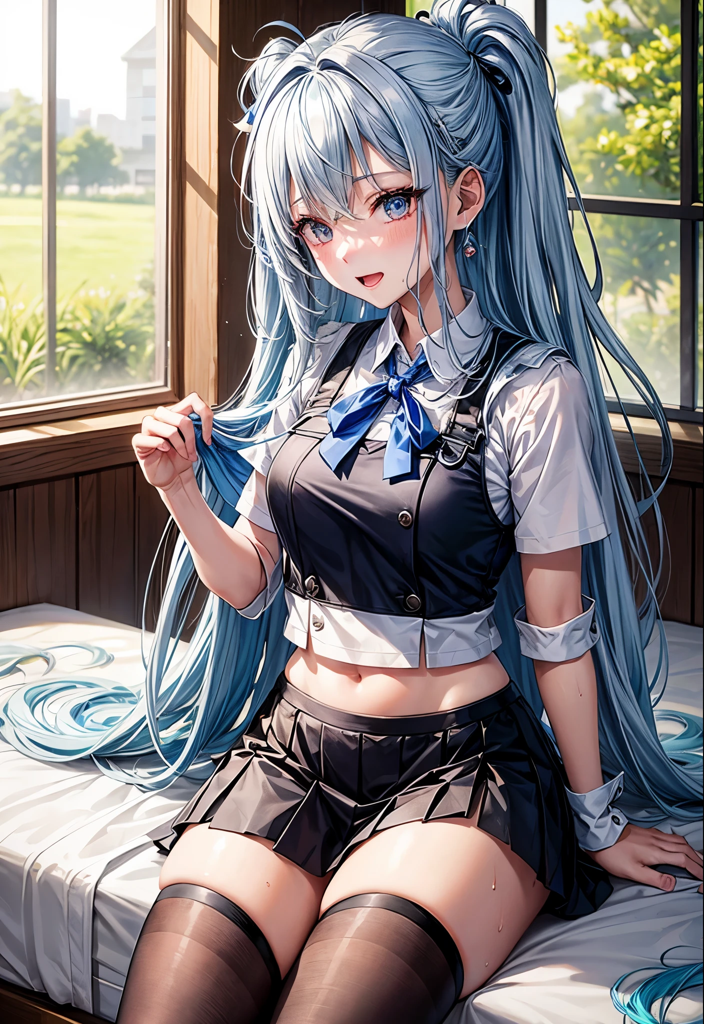 {Ahoge with thin silver hair}{Sweaty and transparent skin}、blue hair clip{Wearing red and vermilion uniforms}、{{The whole body is wet}}{bottom less}A yellow ribbon is attached to the chest of the uniform. I'm in the student council room at school. light blue eyes{beautiful feet、Thigh}Ahegao、{{Skirt is pulled up}}pants are visible{wearing black tights}laughing masterpiece、Girls' high school
