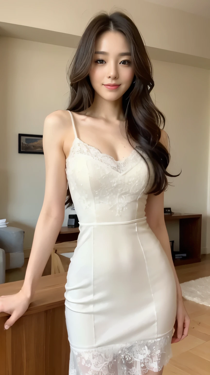 ((top-quality、8k、​masterpiece:1.3))、Beautiful woman with perfect body:1.4、slim abdomen:1.2、Longhair, normal breast, Highly detailed facial and skin texture, A detailed eye, delicate eyes, double eyelid, (smile), (full body shot), ((living room)), (standing), ((wearing white classy long dress)), looking in front