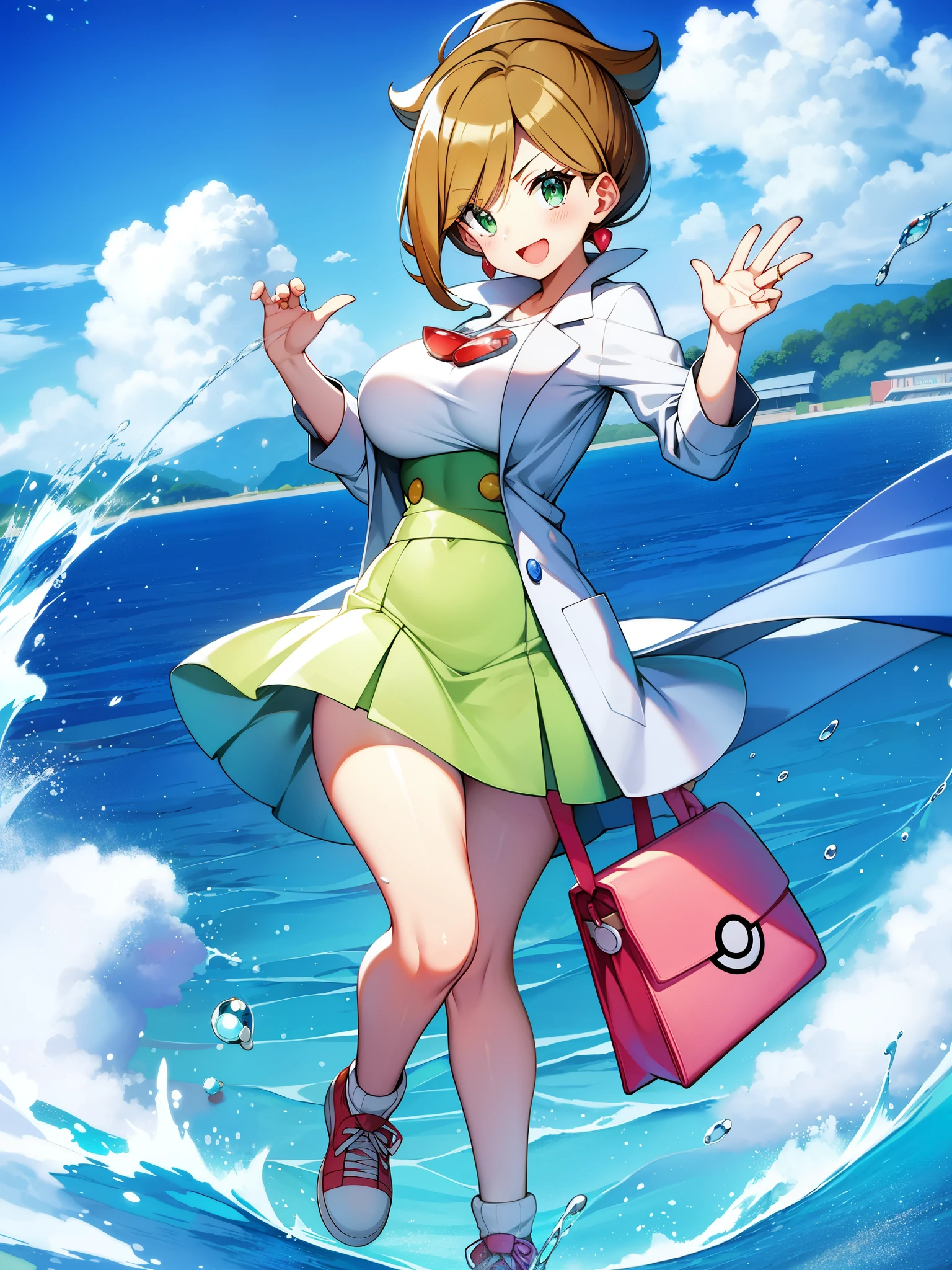 Pokémon、solo、1 person、Dr. Araragi、big tits milf、big tits milf、big tits milf、white shirt、Wearing a long white coat、She is wearing a green tight skirt that is above the knee.。Shoes Sneakers。The birth of Pokemon and its origin、Laboratory in Kanoko Town, Unova region、Pokédex、Bright and lively personality、wave hands、