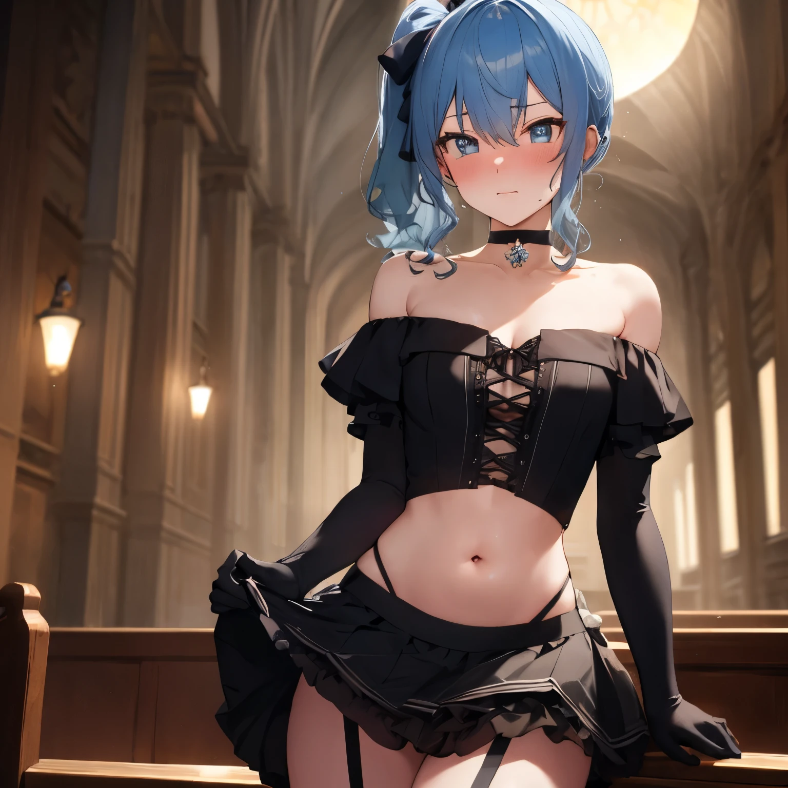 NSFW,Hoshimachi Suisei,blue eyes,blue hair,choker,hair between eyes,medium hair,side ponytail,スターchoker,small breastasterpiece:1.2), highest quality, High resolution,(detailed and beautiful eyes:1.6),(perfect hands, perfect anatomy),(((masterpiece))),((highest quality)),embarrassed face,blush,,whole body,off shoulder dress,ruffle skirt,garter belt,glove,thin waist,stomach,cleavage,Skirt flip,Church at night illuminated by moonlight