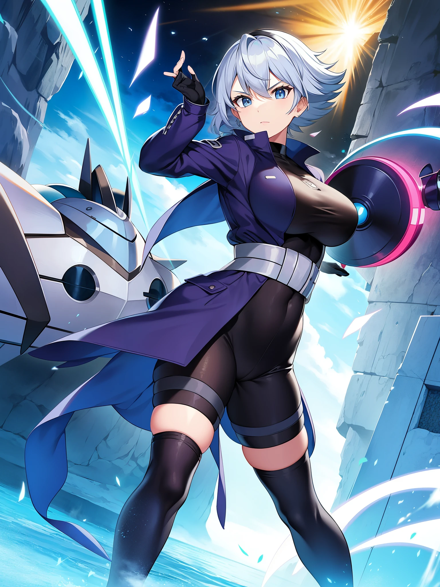 Pokémon、solo、1 person、Flying boat with stealth features、Pokemon Hunter J、big tits milf、big tits milf、big tits milf、Cold and unethical、1 person、solo、silver short hair、blue eyes、pink lips、visor、sunglasseicrophone、black long coat、Purple coat、long sleeve、赤いgloves、gloves、指なしgloves、body suit、赤いbody suit、サイboots、boots、赤いboots、It petrifies Pokemon with a beam of light fired from a special machine in its left arm.、After capturing them, they sell them to clients.、Are standing、whole body、dynamic pose、