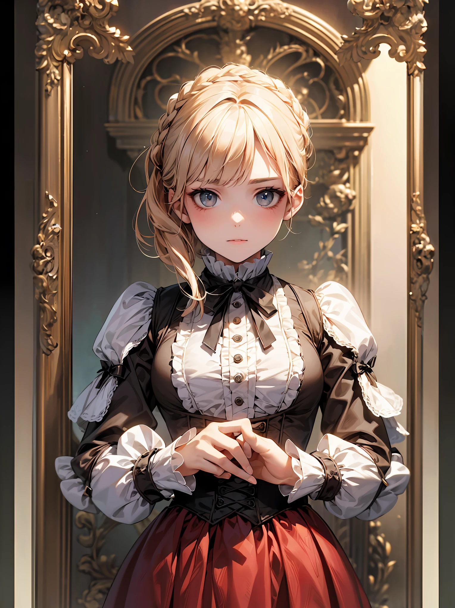 (highest quality、16K、masterpiece、ultra high resolution、Victorian era、Photoreal:1.2)、cowboy shot、One length bob cut braided hair clip with front drop、brand uniform cute、clear、 Tsundere、heroine attributes