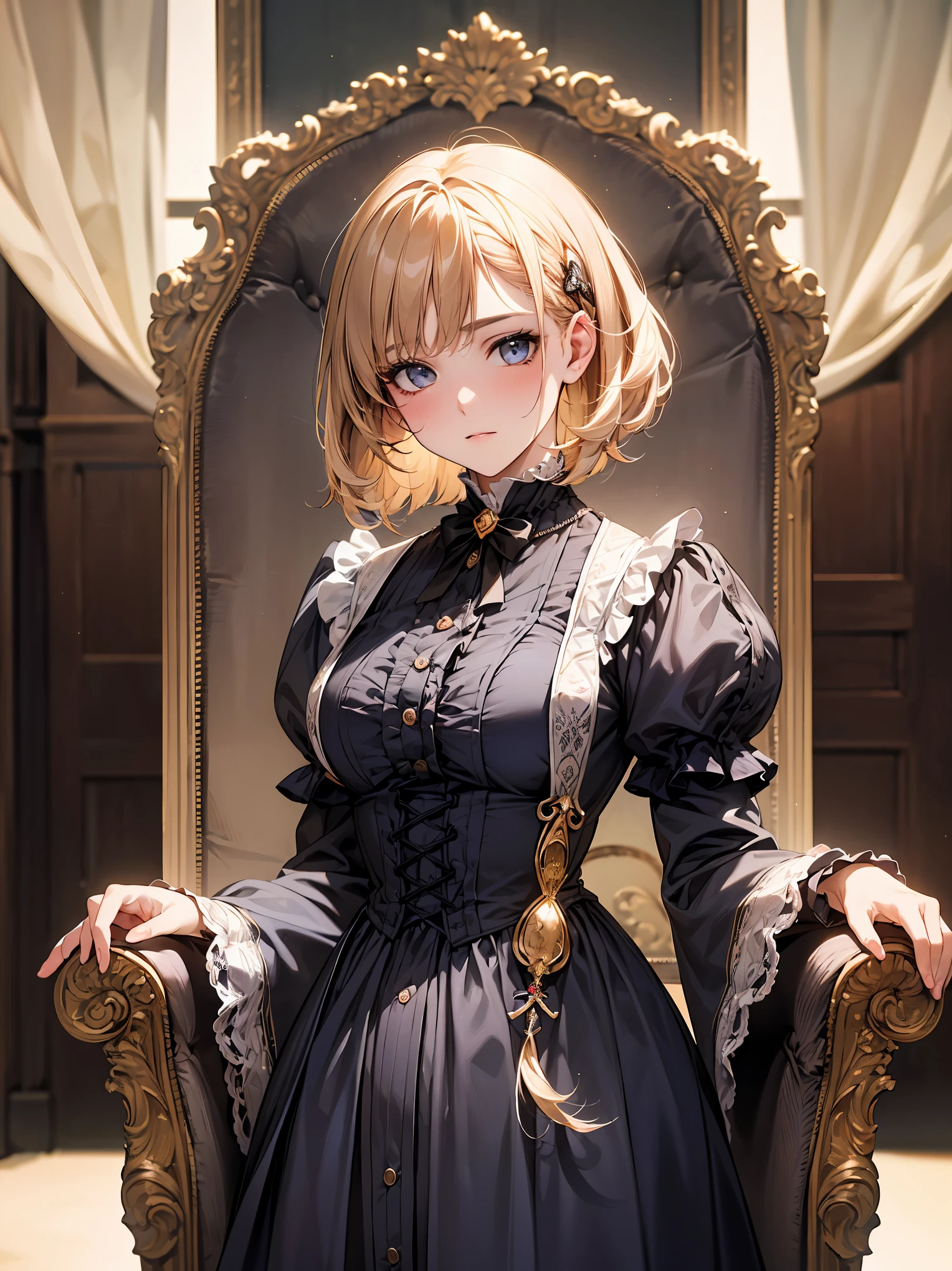 (highest quality、16K、masterpiece、ultra high resolution、Victorian era、Photoreal:1.2)、cowboy shot、One length bob cut braided hair clip with front drop、brand uniform cute、clear、 Tsundere、heroine attributes