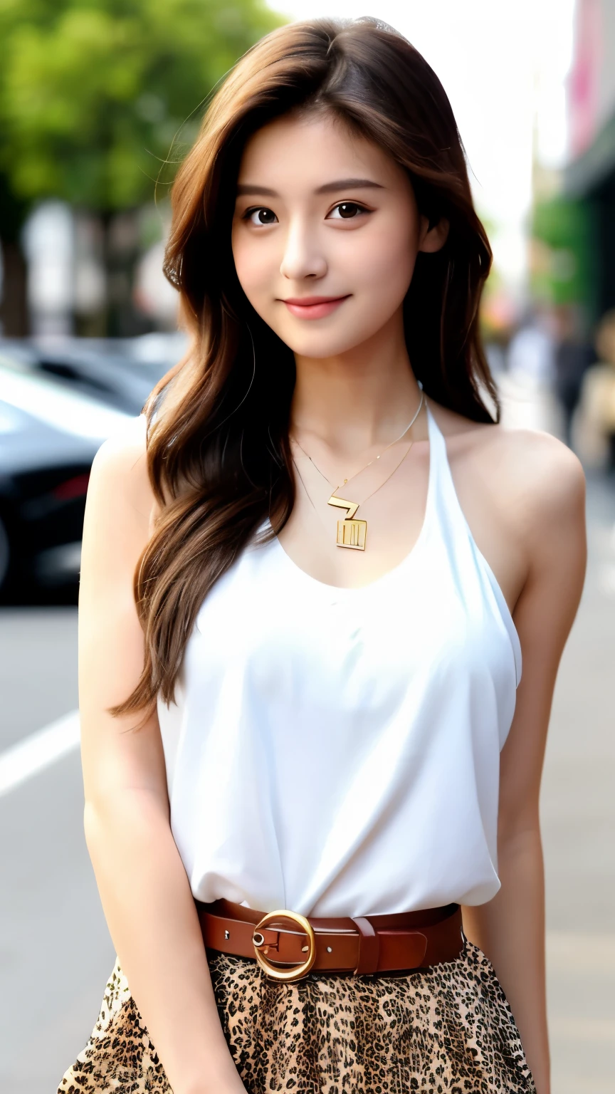 best quality, ultra-high resolution, real, photorealistic, 8K, masterpiece, BREAK, a Japanese beach woman, cute, young, full body, full body, BREAK, detailed hair, long and light brown hair, detailed eyes, white skin, blushing cheeks, detailed lips, drunk, smile, BREAK, detailed clothings, leopard leather jacket, a big necklace, BREAK, (a lamborghini:1.4, a lamborghini:1.3, in a street), detailed background, natural lighting