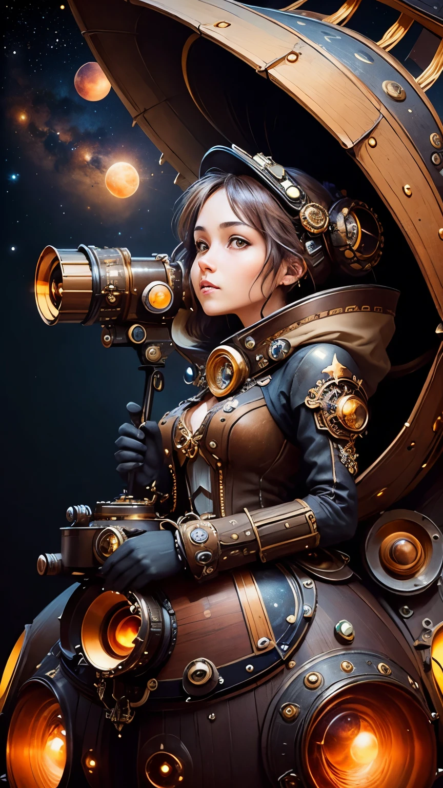 steampunkai。highest quality。masterpiece。detailed details。one woman。beautiful woman。unkempt astronomer。looks fun。((Observing celestial bodies with a mysterious telescope-like device))。The background is the galaxy。