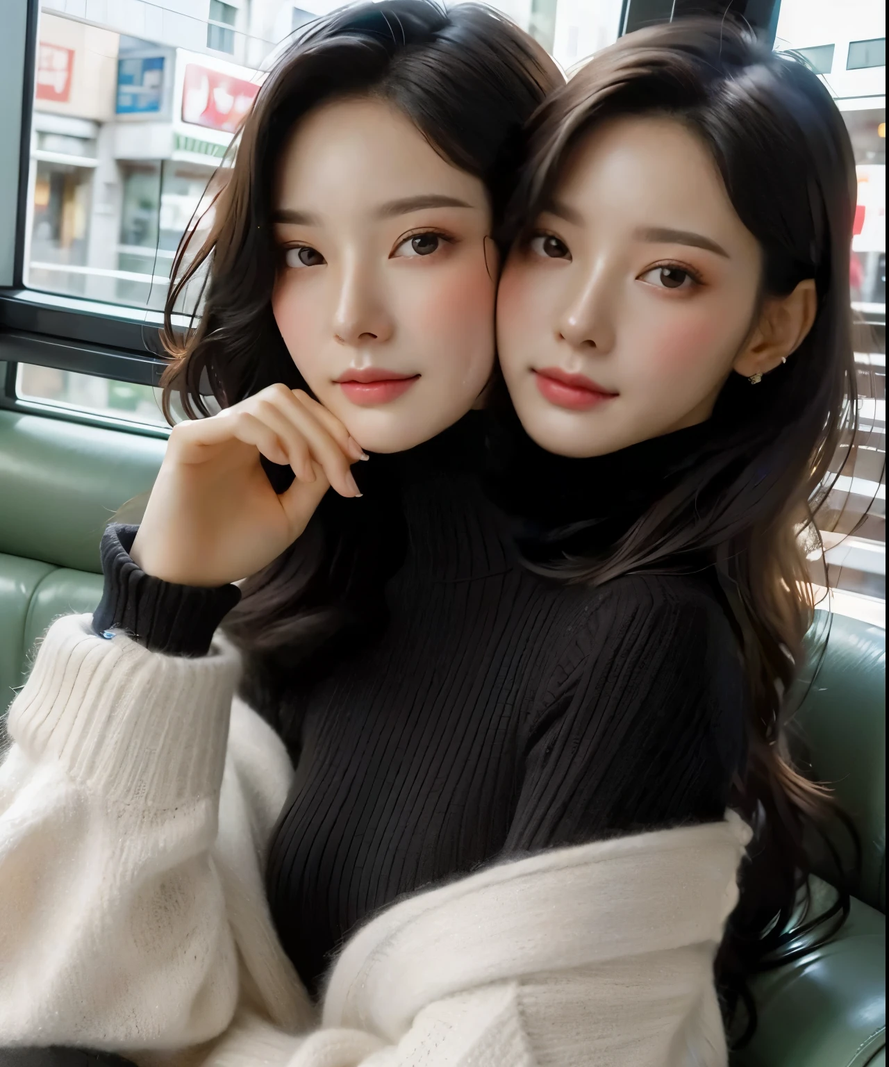 (Twoheads),1girl, a girl with two heads, same faces, same eyes, extremely long flowing hair, perfect faces, perfect anatomy