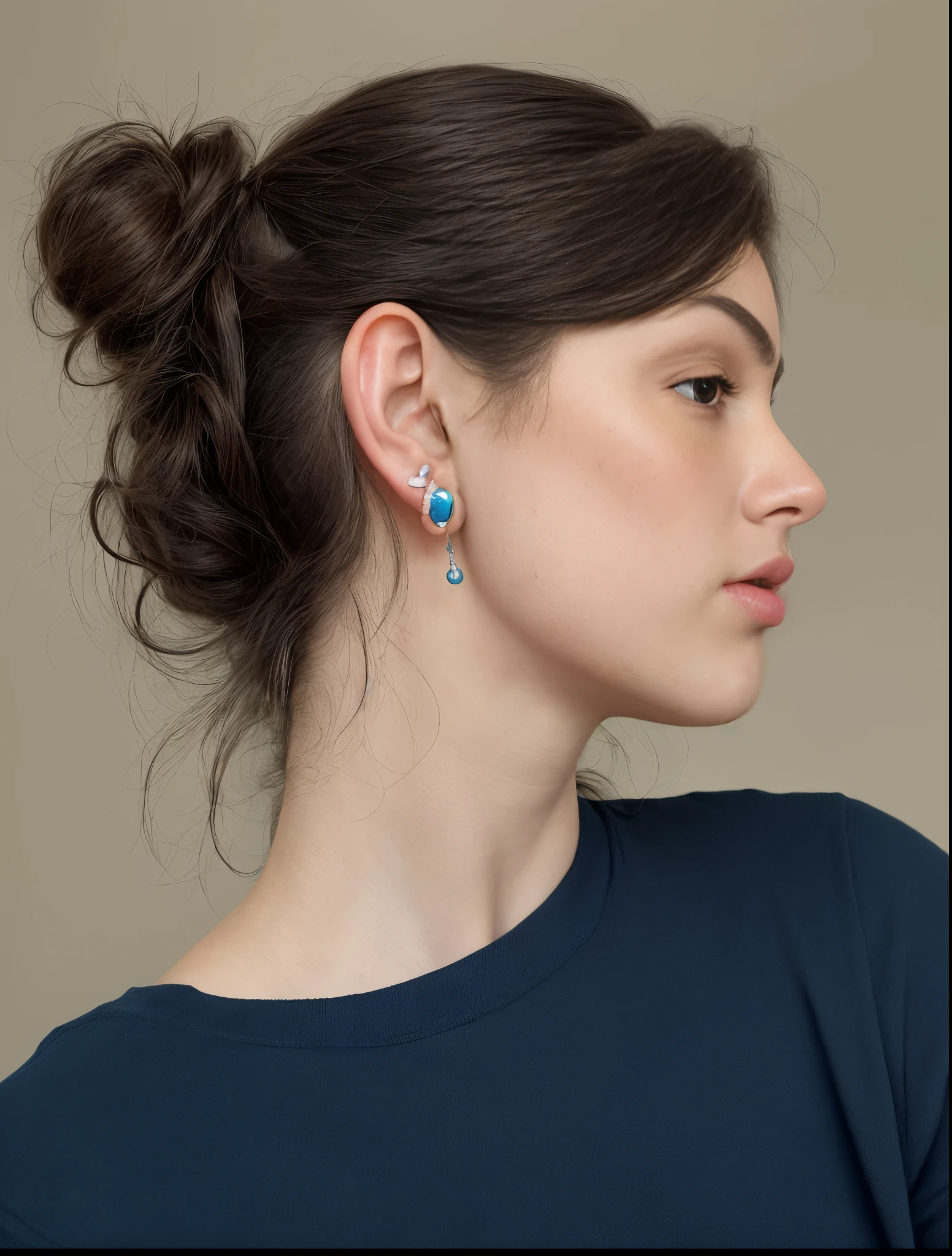 there is a woman with a blue shirt and brincos holding a cell phone, cabelo castanho em dois coques, brincos, brinco, with pequenos brincos cravejados, girl with a pearl brincol, girl with messy bun hairstyle, wearing pearl brincos, big brincos, an brinco, huge brincos, pequenos brincos cravejados, multiple brincos, giant brincos, por Anna Haifisch