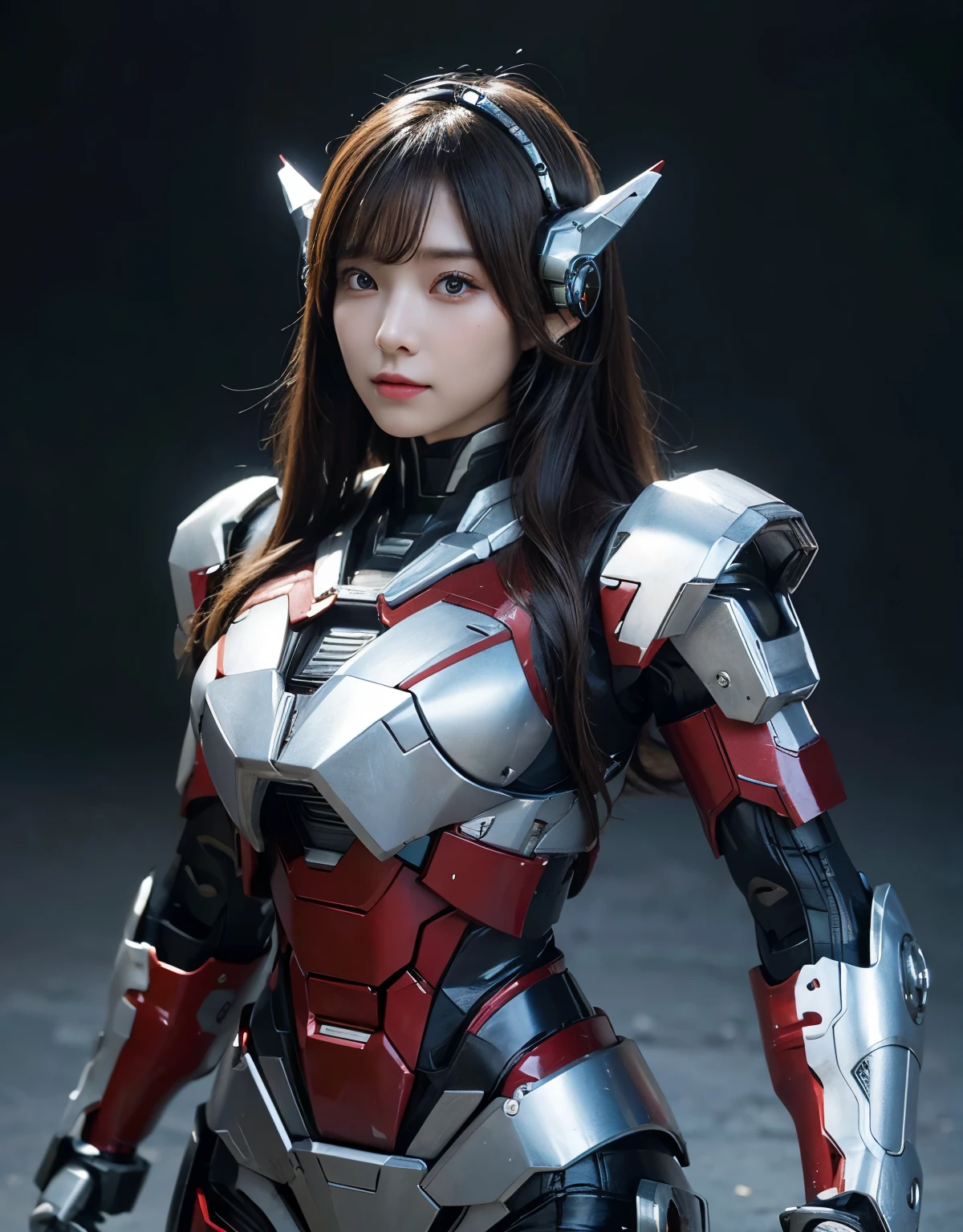Super detailed, advanced details, high quality, 最high quality, High resolution, 1080p, hard disk, beautiful,(iron patriot),(headgear),beautifulサイボーグ女性,Mecha cyborg girl,battle mode,Mecha body girl,She wears a futuristic iron patriot mech,full body shot,View from the front