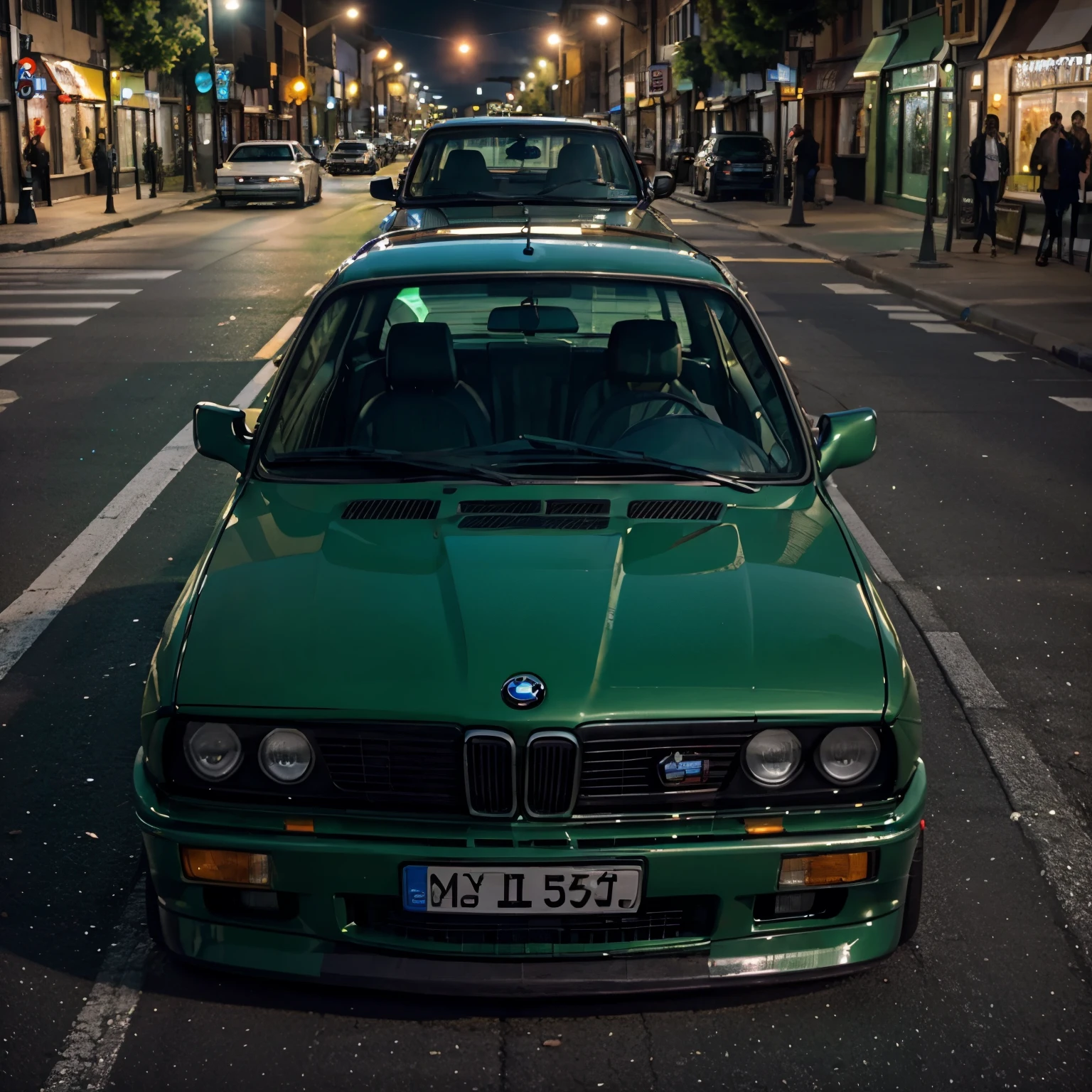 atown,green color,BMW e30,BMW e30's ultra-detailed,busy streetsandbuildings,bustling town,4k photographycinematic,intense and vibrant colors,vivid lights,realisticdetail,masterpiece:1.2